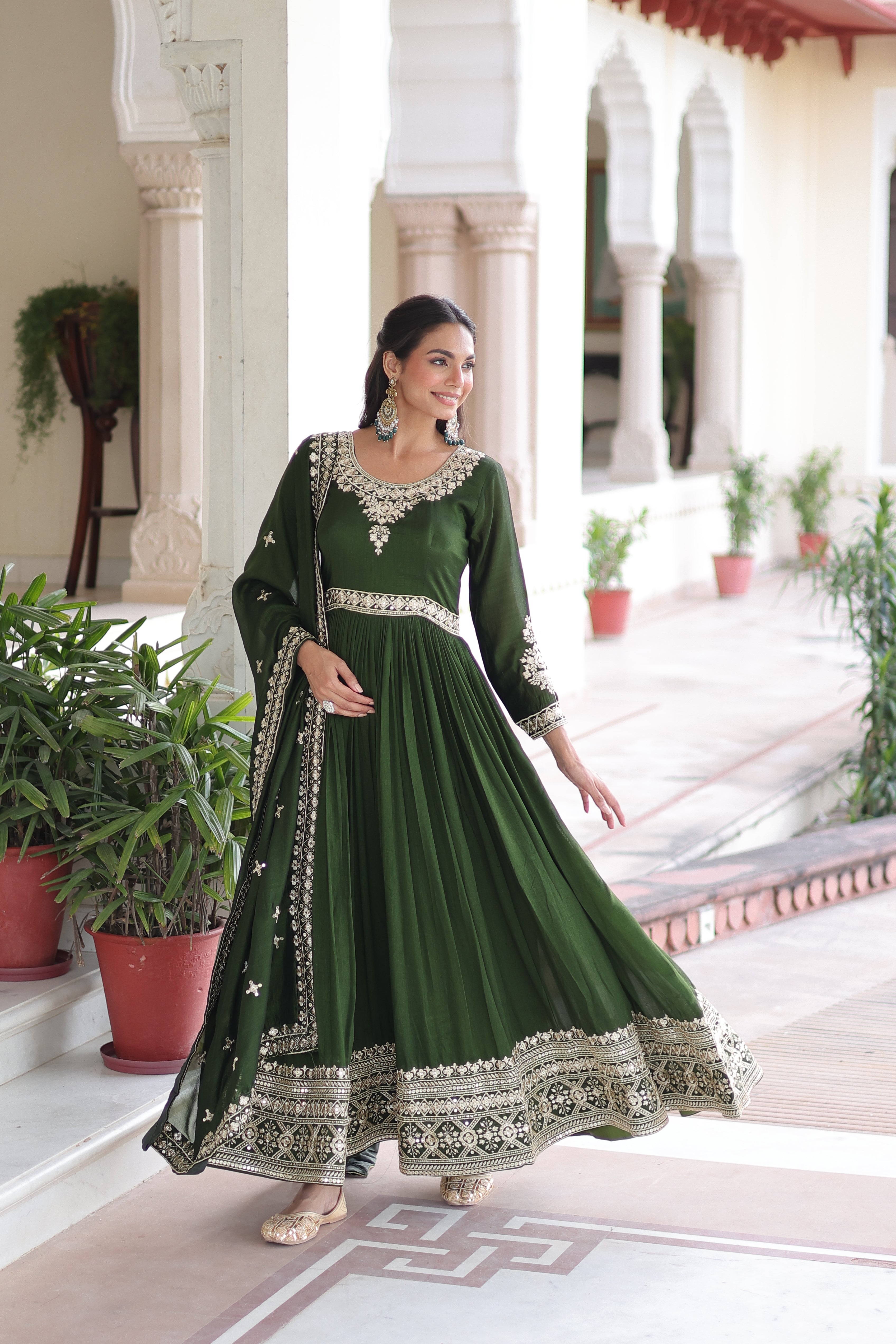 Ruvani Green Color Vichitra Silk Rich Sequins Embroidered Work Gown with Dupatta