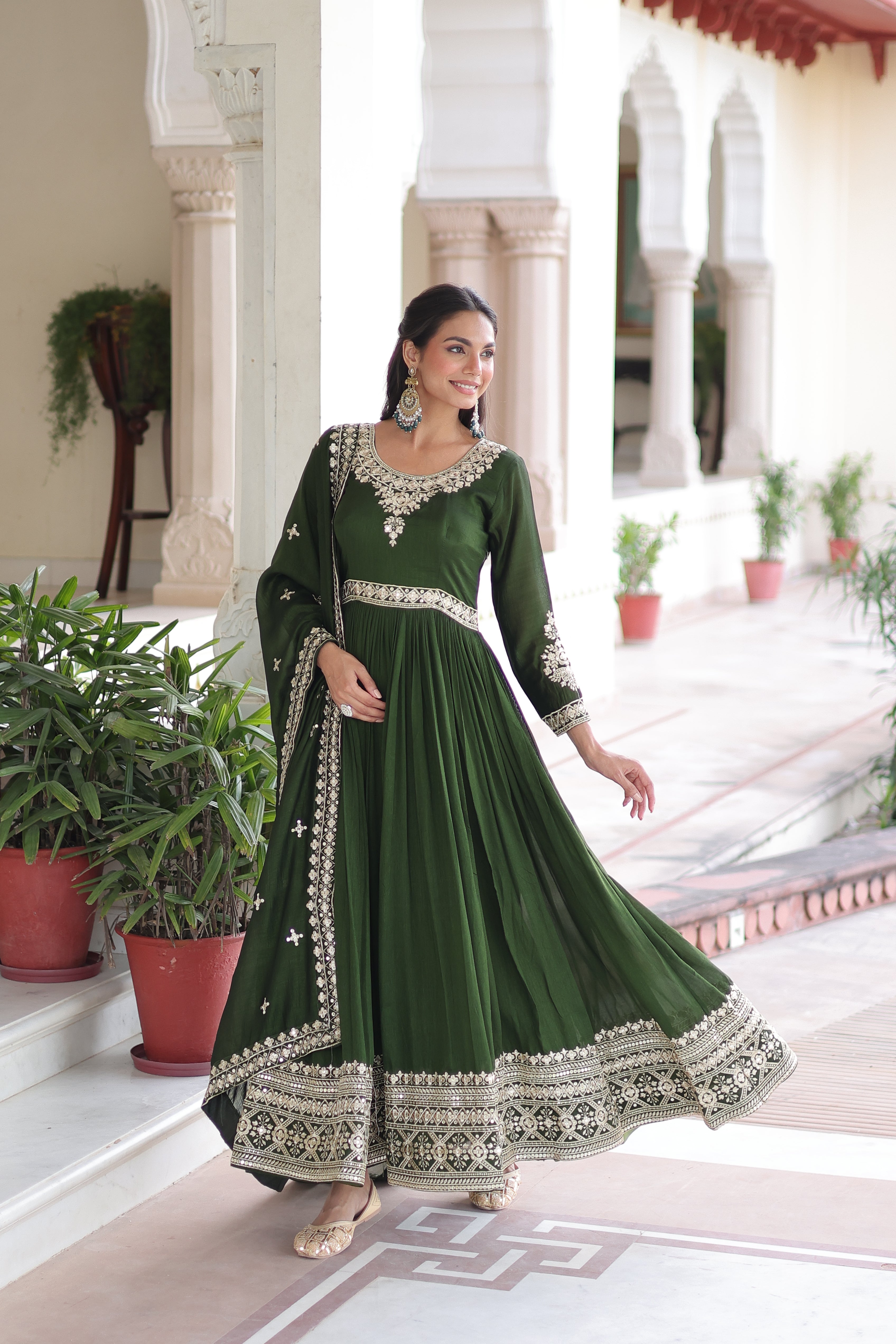 Ruvani Green Color Vichitra Silk Rich Sequins Embroidered Work Gown with Dupatta
