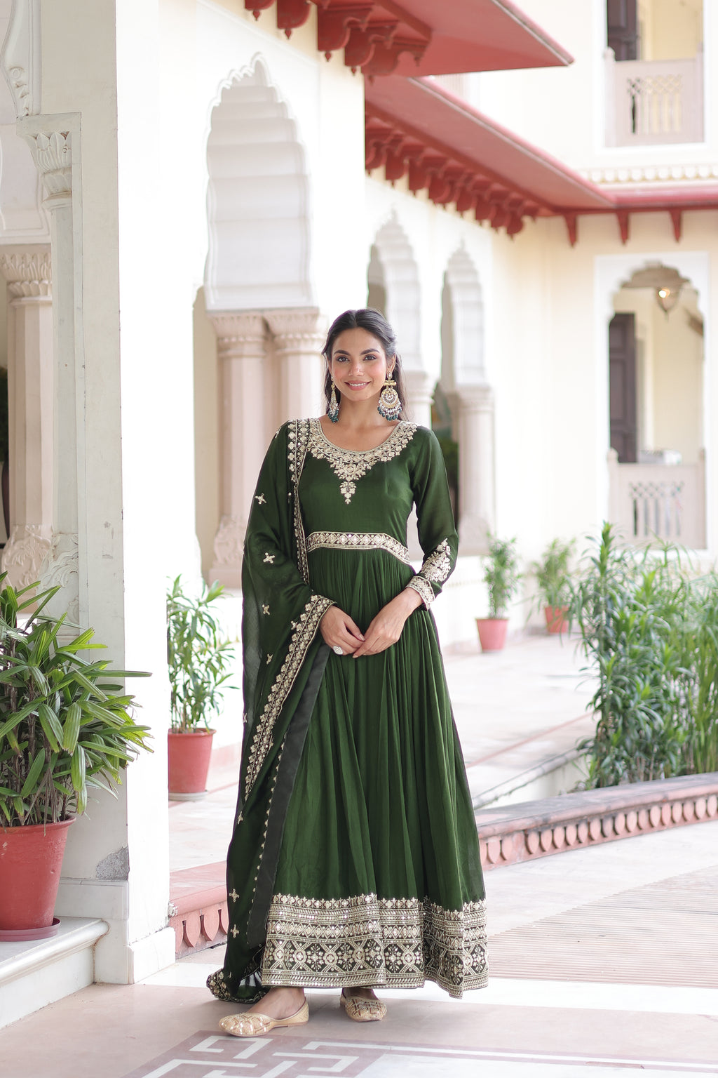 Ruvani Green Color Vichitra Silk Rich Sequins Embroidered Work Gown with Dupatta