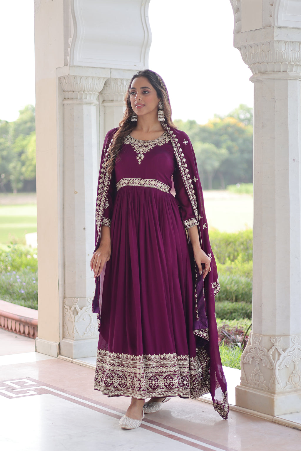 Ruvani Wine Color Vichitra Silk Rich Sequins Embroidered Work Gown with Dupatta