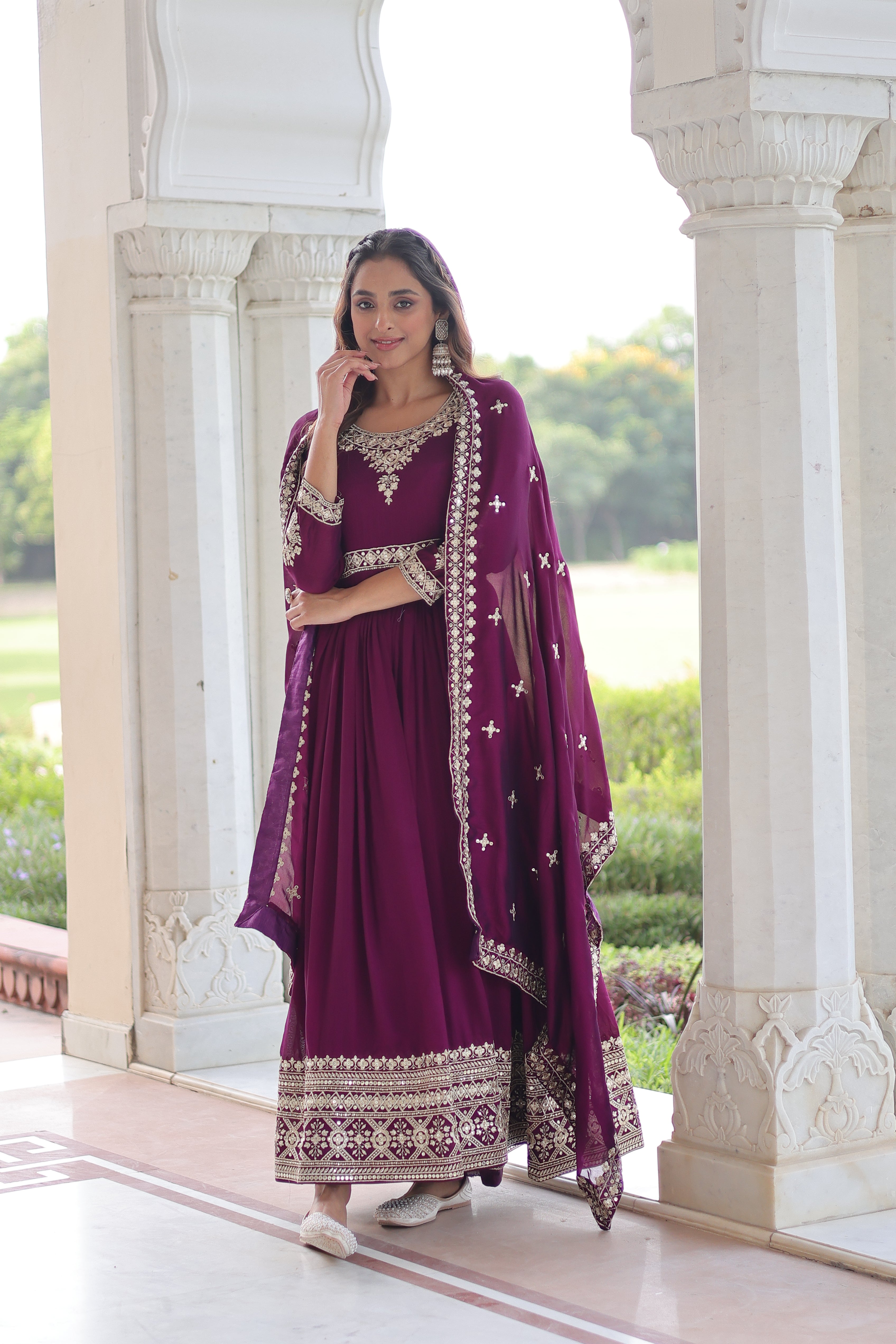 Ruvani Wine Color Vichitra Silk Rich Sequins Embroidered Work Gown with Dupatta