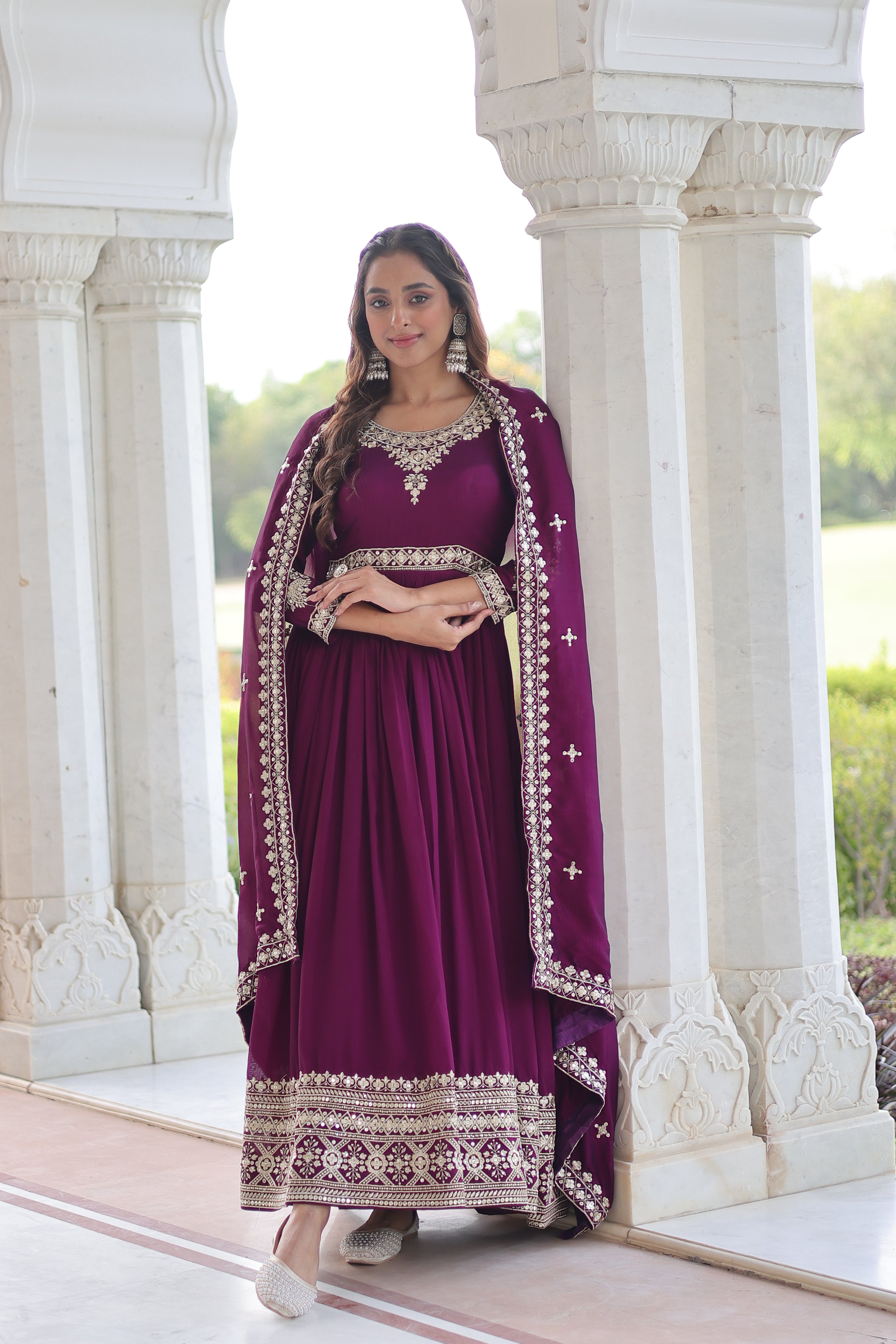 Ruvani Wine Color Vichitra Silk Rich Sequins Embroidered Work Gown with Dupatta