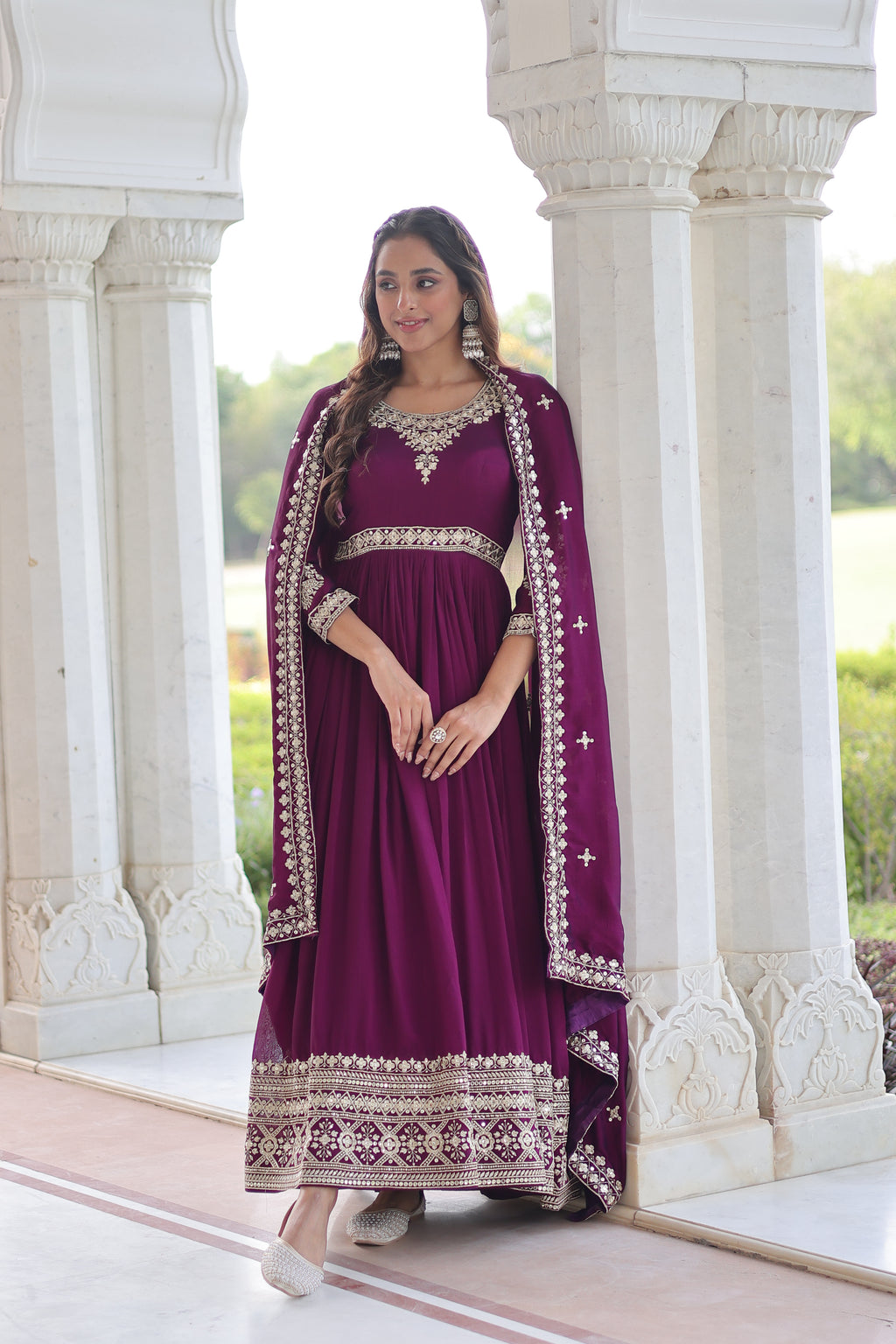 Ruvani Wine Color Vichitra Silk Rich Sequins Embroidered Work Gown with Dupatta