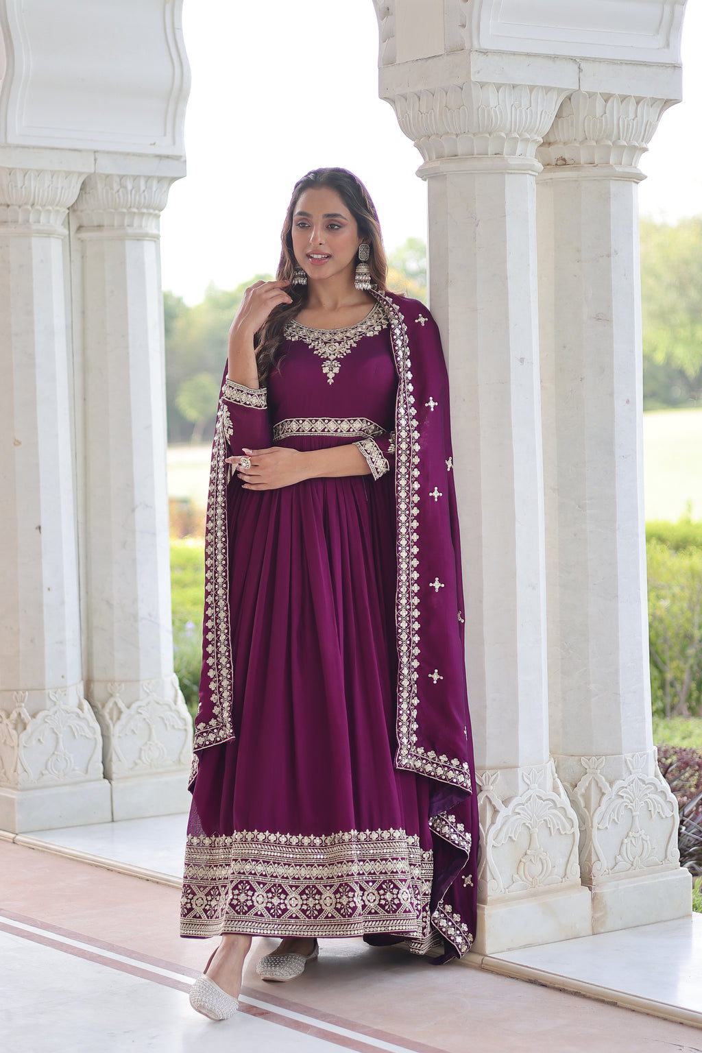 Ruvani Wine Color Vichitra Silk Rich Sequins Embroidered Work Gown with Dupatta
