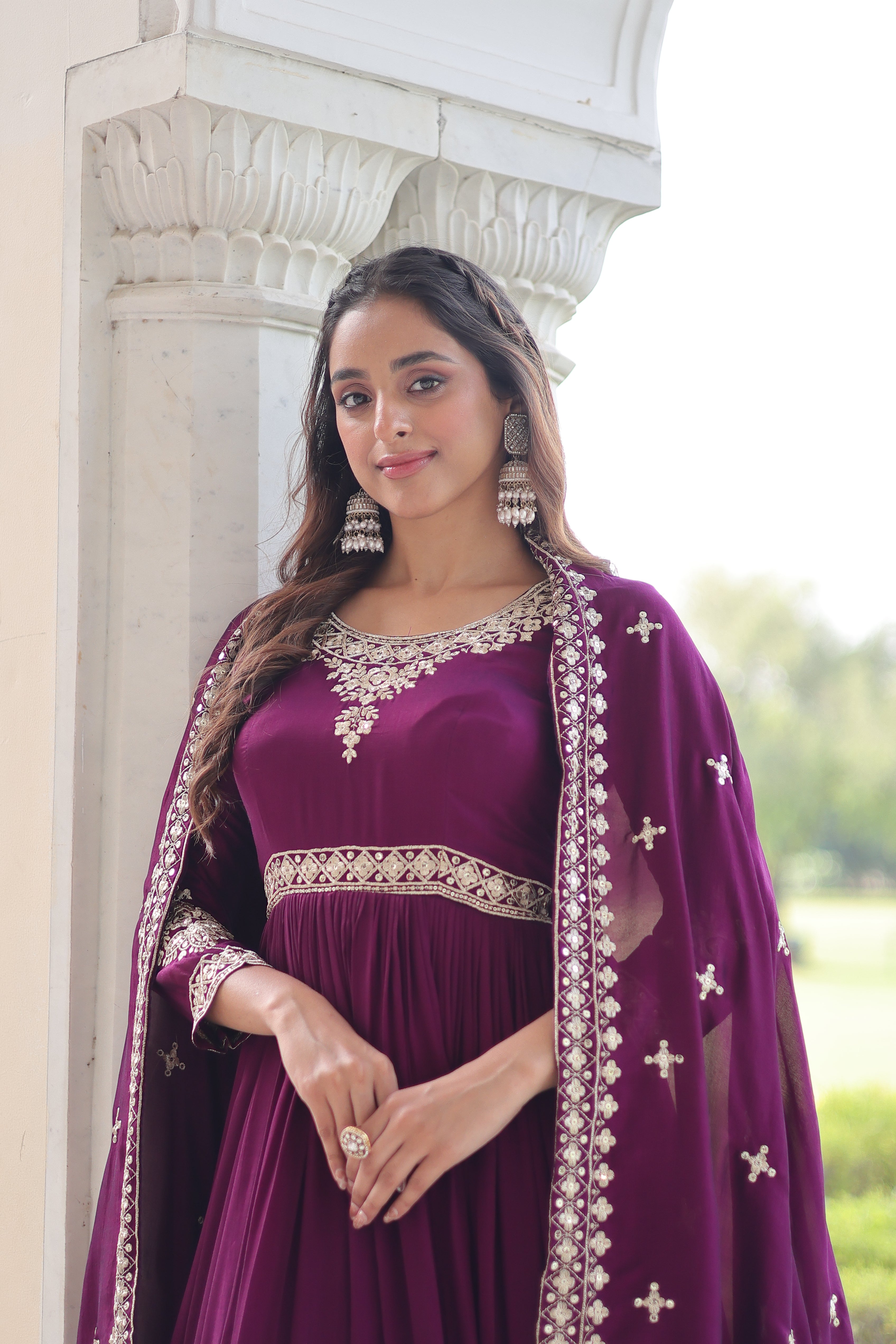 Ruvani Wine Color Vichitra Silk Rich Sequins Embroidered Work Gown with Dupatta