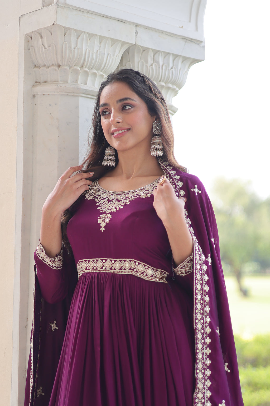 Ruvani Wine Color Vichitra Silk Rich Sequins Embroidered Work Gown with Dupatta