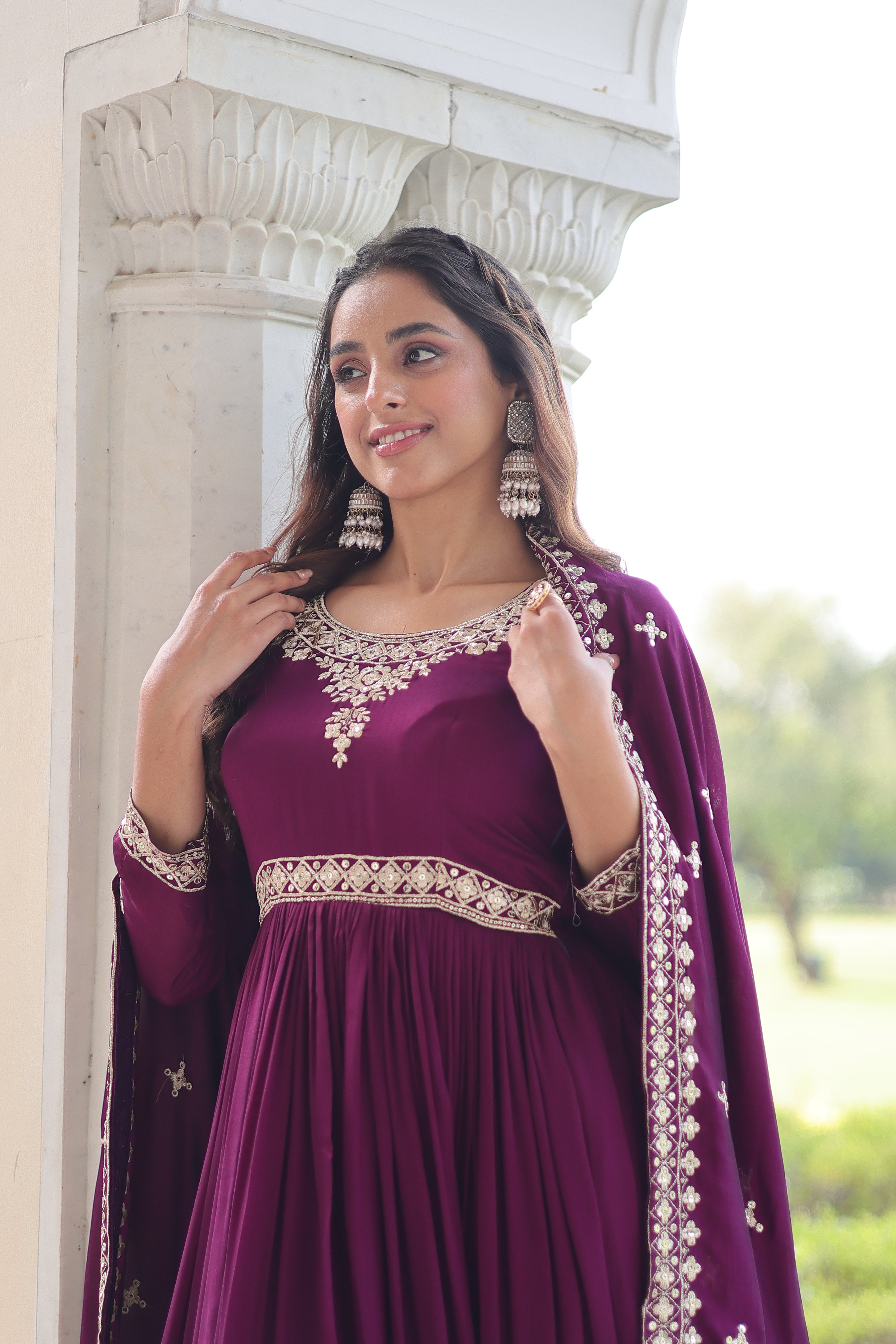 Ruvani Wine Color Vichitra Silk Rich Sequins Embroidered Work Gown with Dupatta