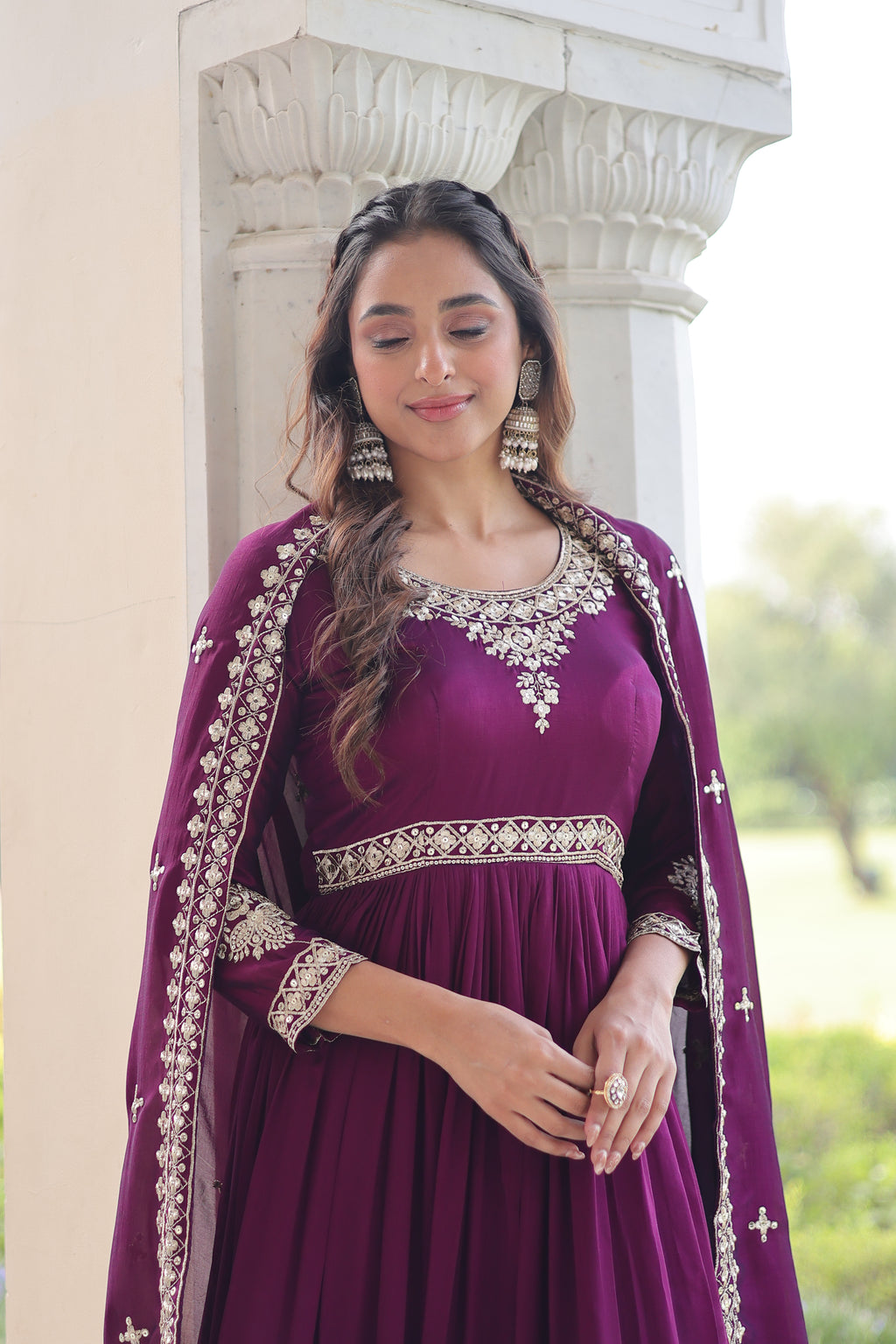 Ruvani Wine Color Vichitra Silk Rich Sequins Embroidered Work Gown with Dupatta