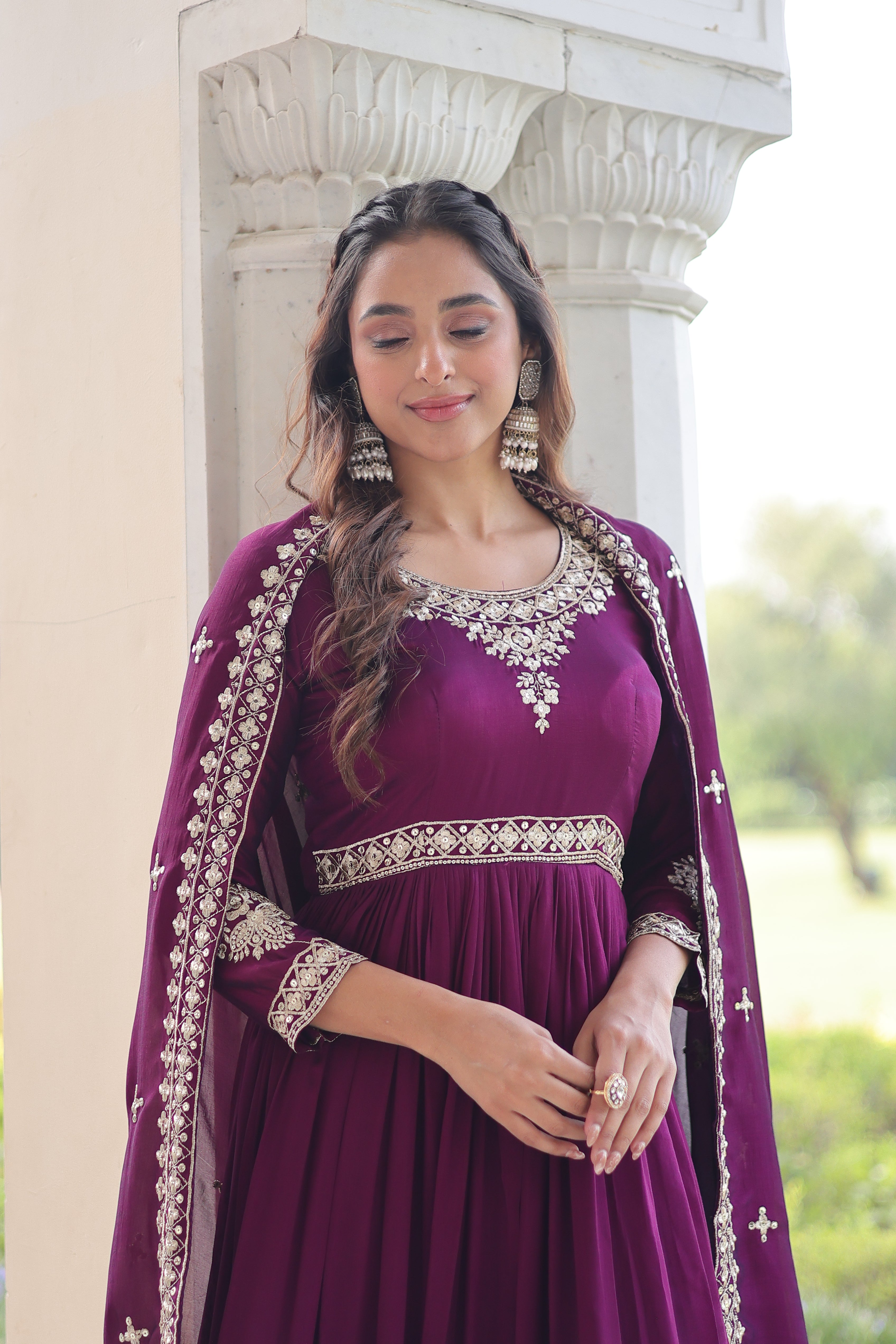 Ruvani Wine Color Vichitra Silk Rich Sequins Embroidered Work Gown with Dupatta