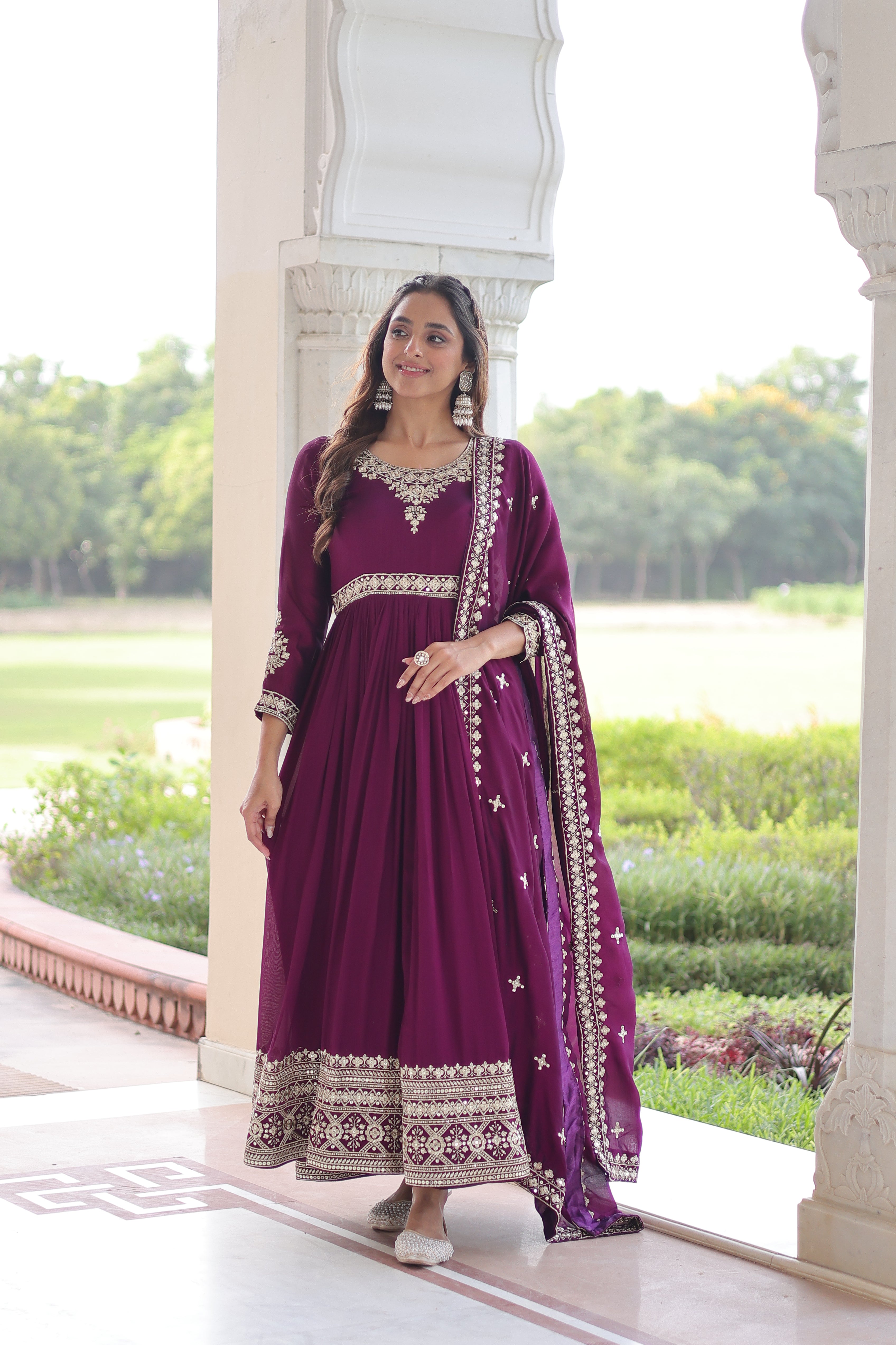 Ruvani Wine Color Vichitra Silk Rich Sequins Embroidered Work Gown with Dupatta