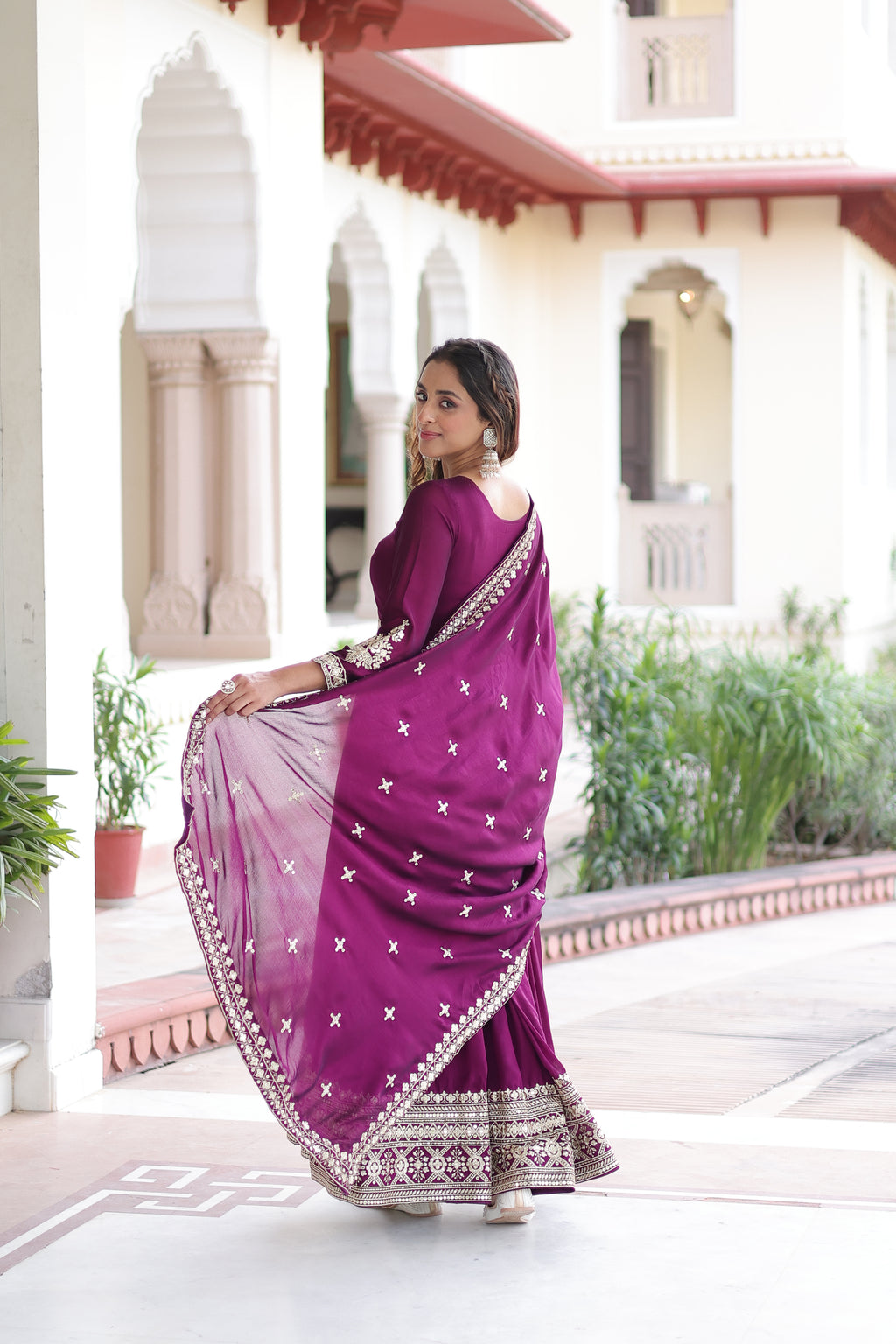 Ruvani Wine Color Vichitra Silk Rich Sequins Embroidered Work Gown with Dupatta