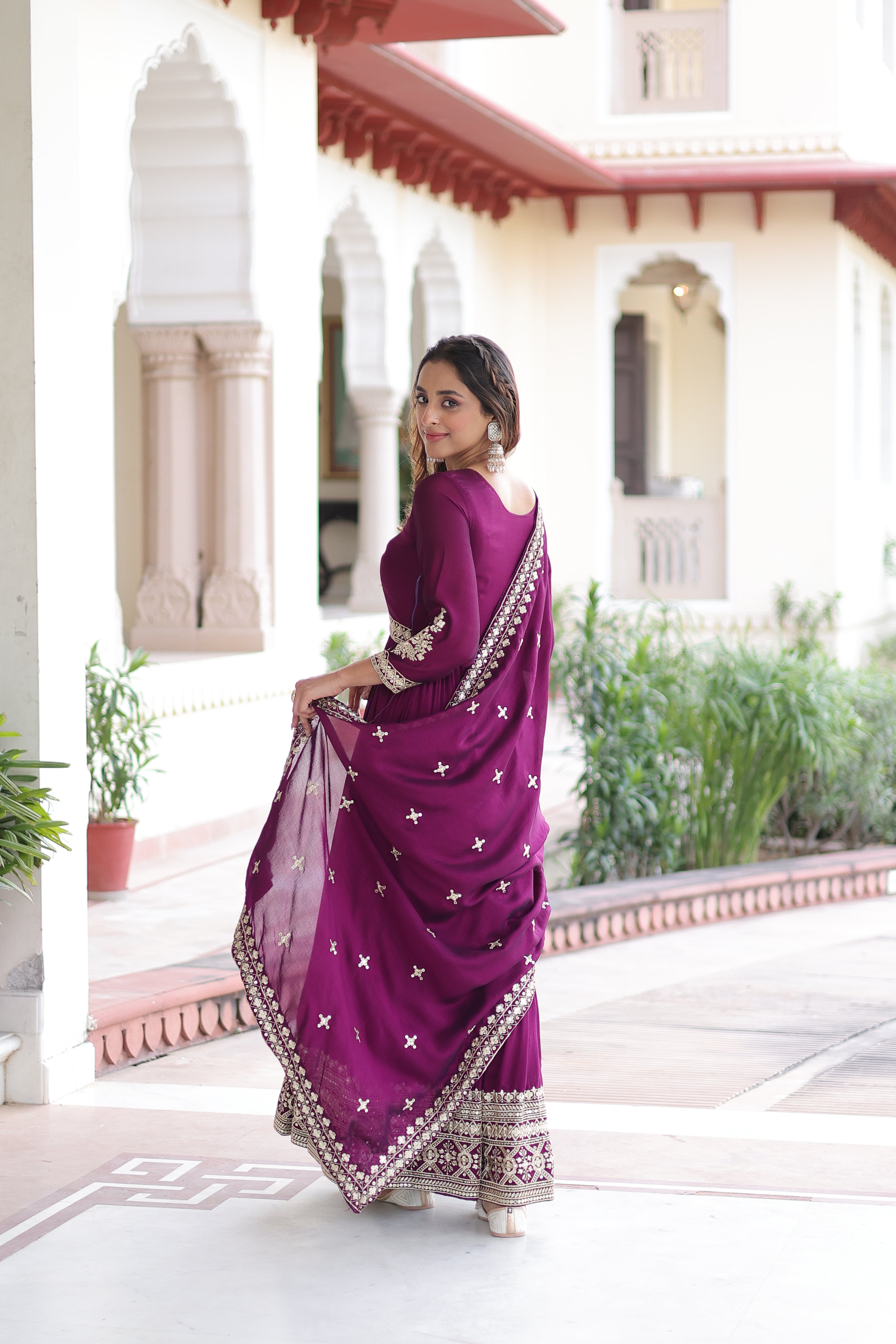 Ruvani Wine Color Vichitra Silk Rich Sequins Embroidered Work Gown with Dupatta