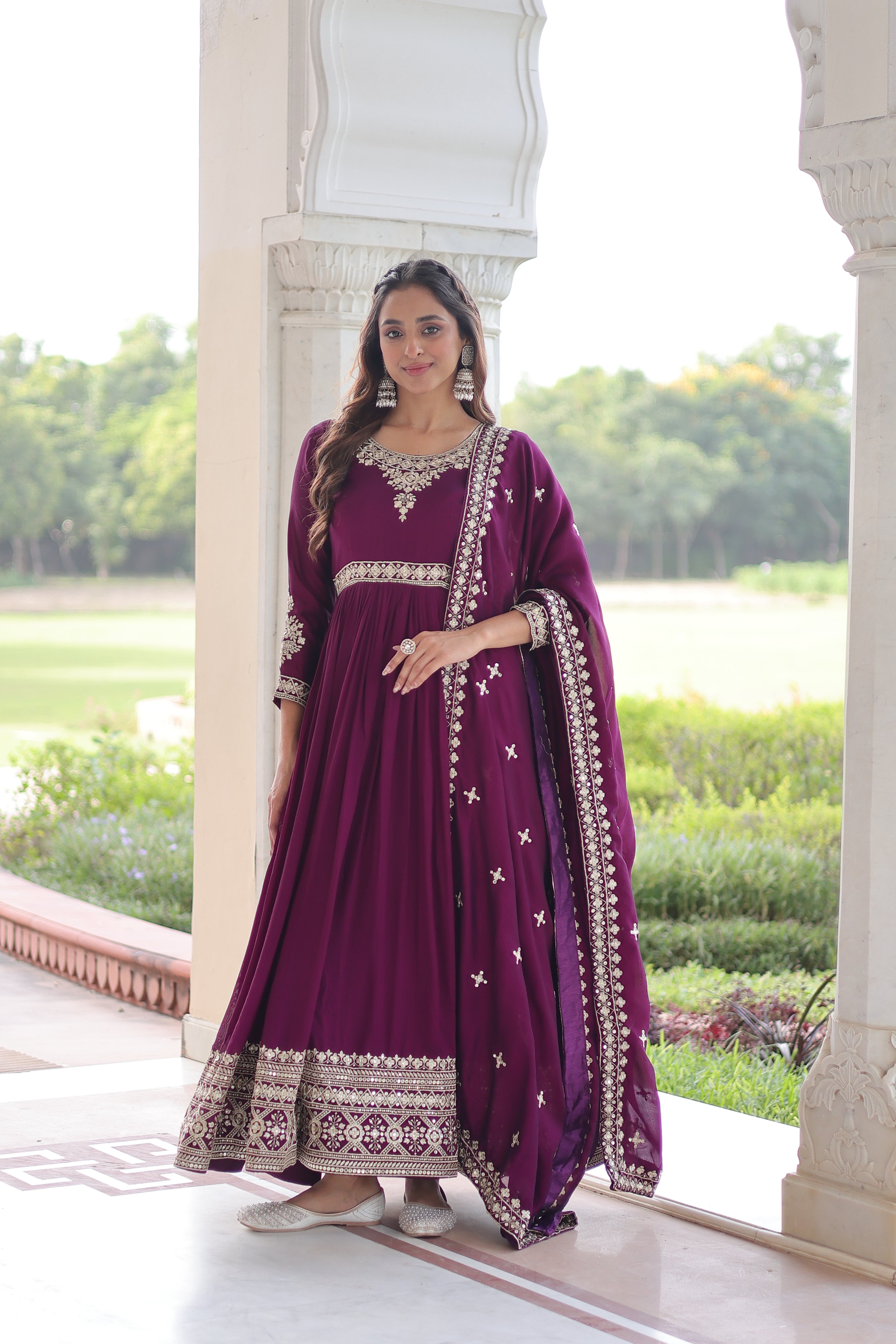 Ruvani Wine Color Vichitra Silk Rich Sequins Embroidered Work Gown with Dupatta