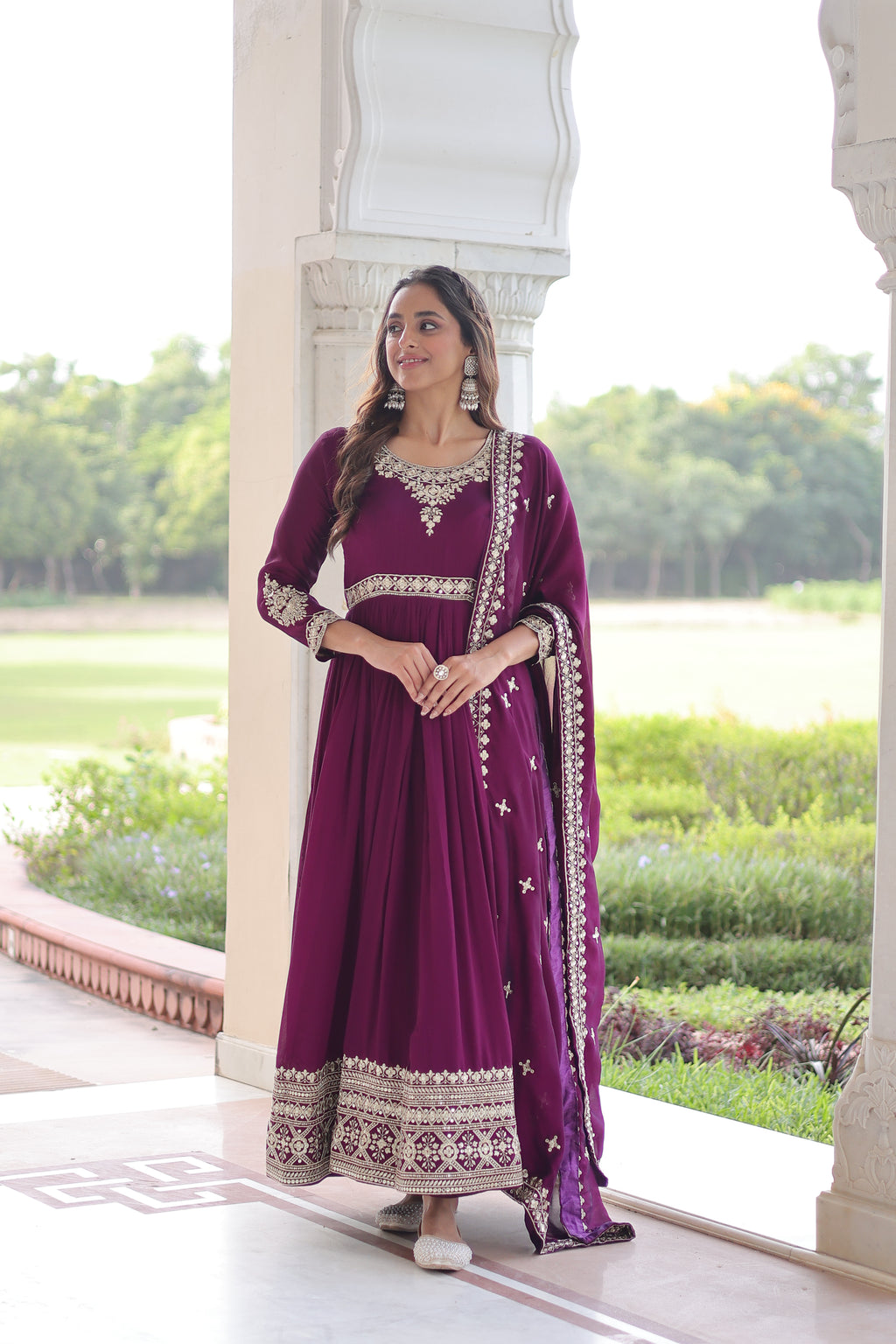 Ruvani Wine Color Vichitra Silk Rich Sequins Embroidered Work Gown with Dupatta