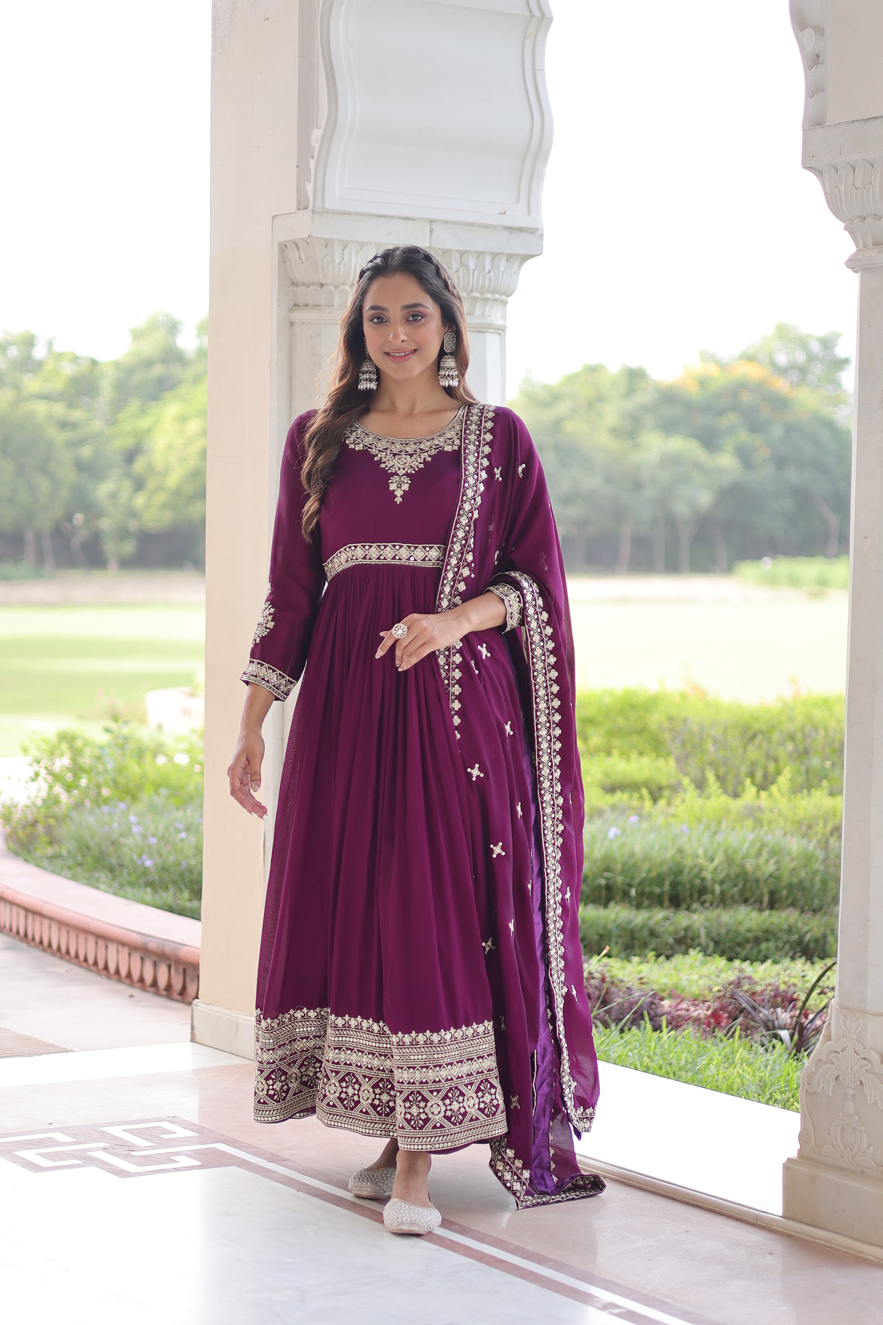 Ruvani Wine Color Vichitra Silk Rich Sequins Embroidered Work Gown with Dupatta