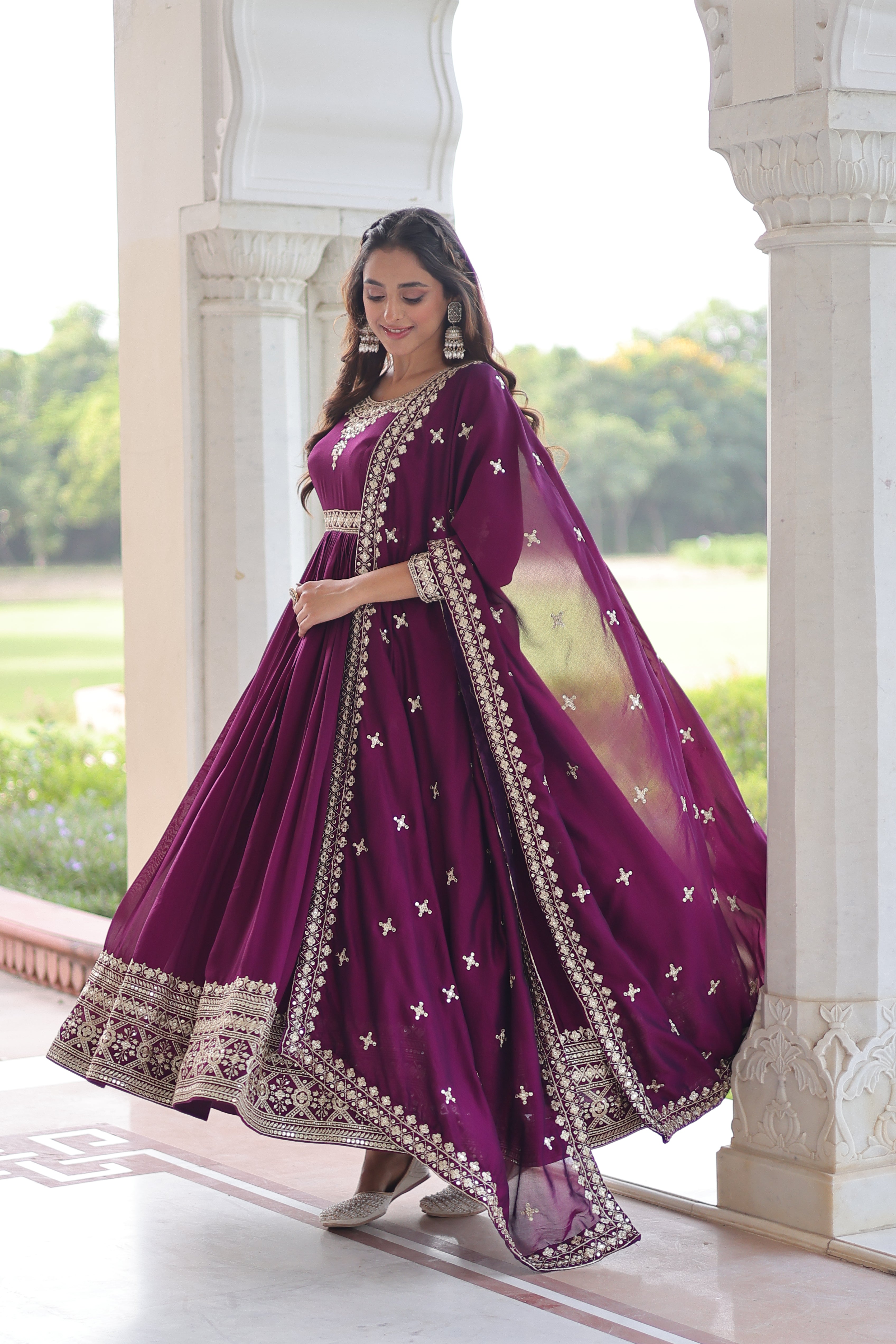 Ruvani Wine Color Vichitra Silk Rich Sequins Embroidered Work Gown with Dupatta