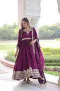 Ruvani Wine Color Vichitra Silk Rich Sequins Embroidered Work Gown with Dupatta