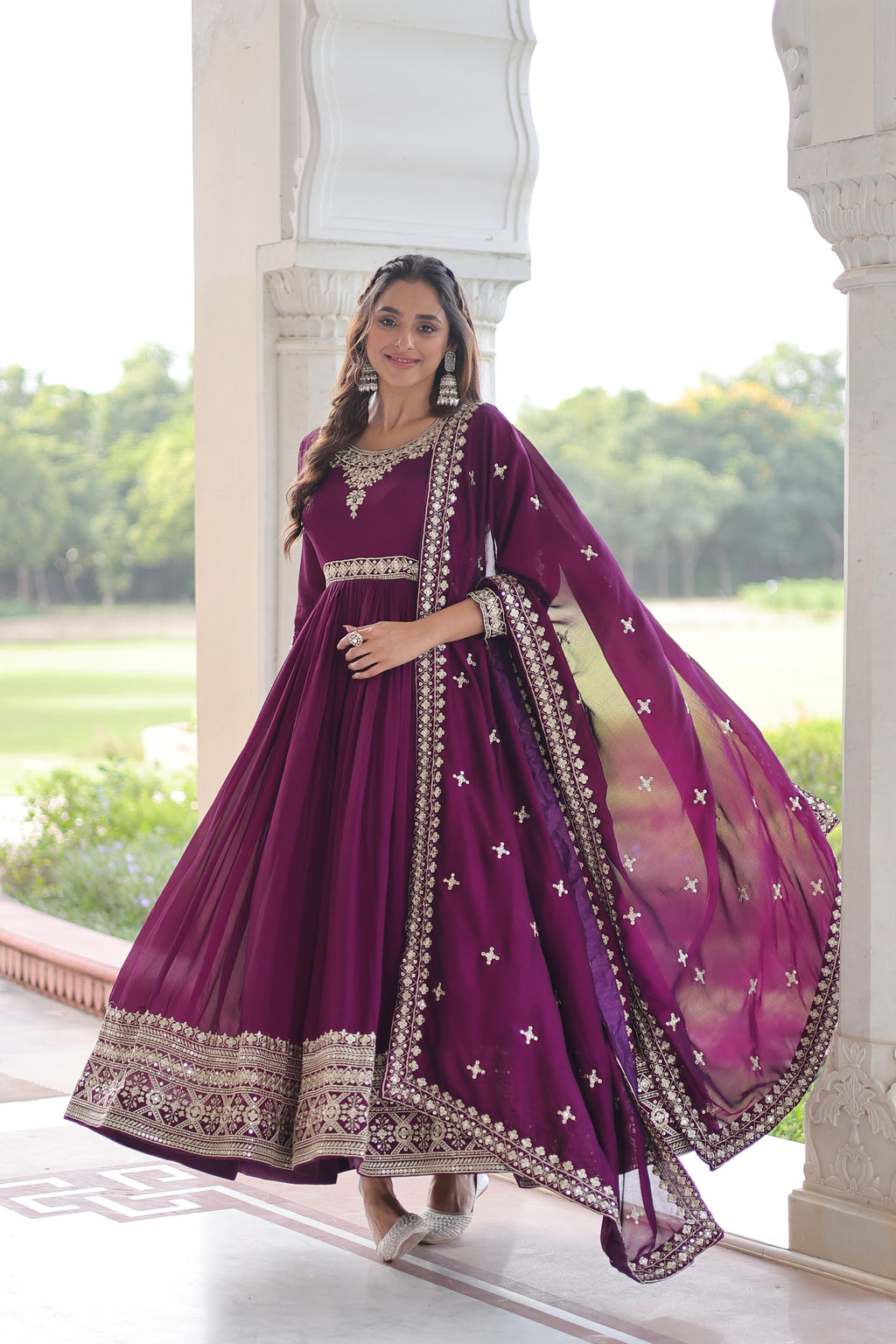 Ruvani Wine Color Vichitra Silk Rich Sequins Embroidered Work Gown with Dupatta