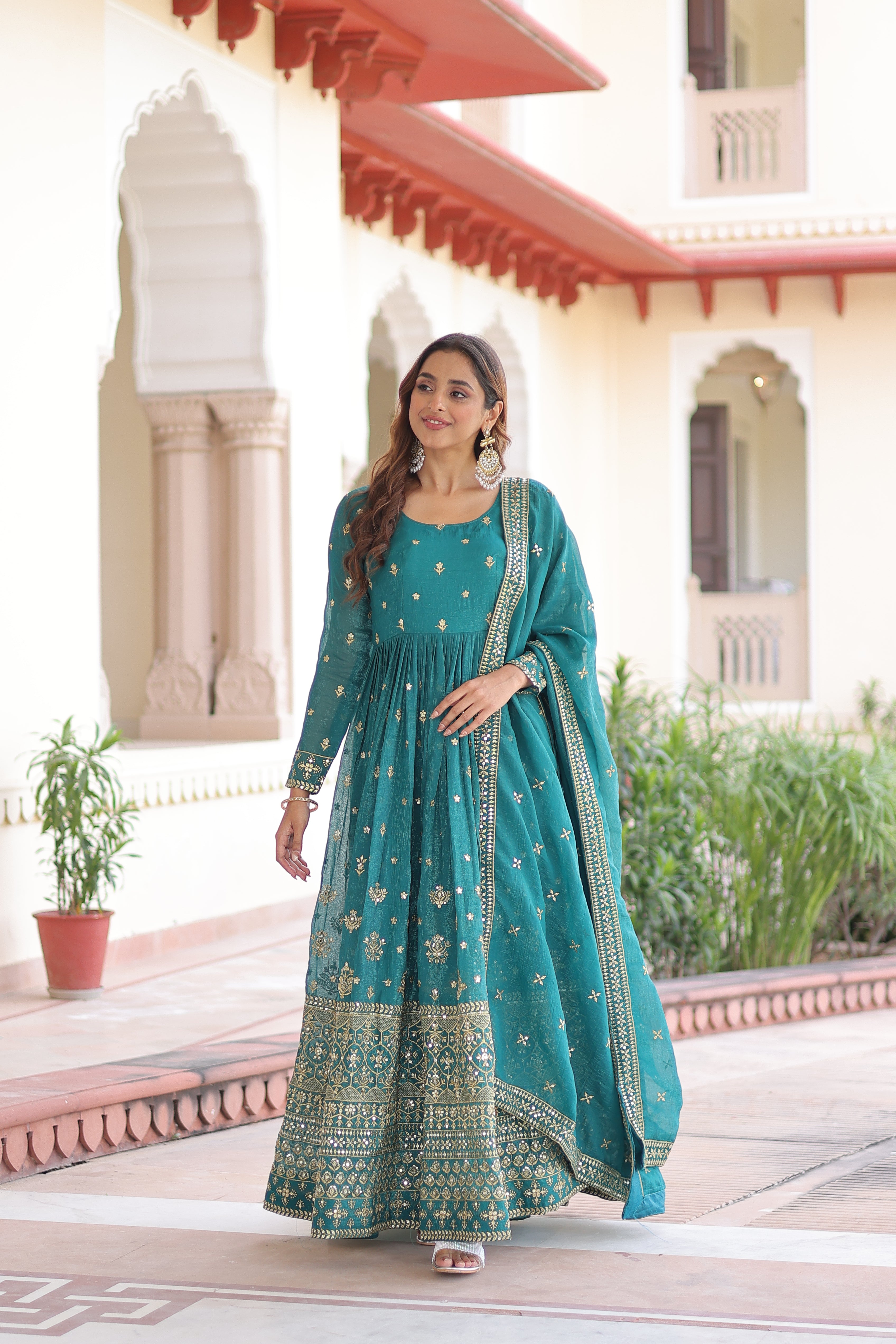 Nasu Teal Color Silver Crunchy Rich Sequins Embroidered Work Gown with Dupatta