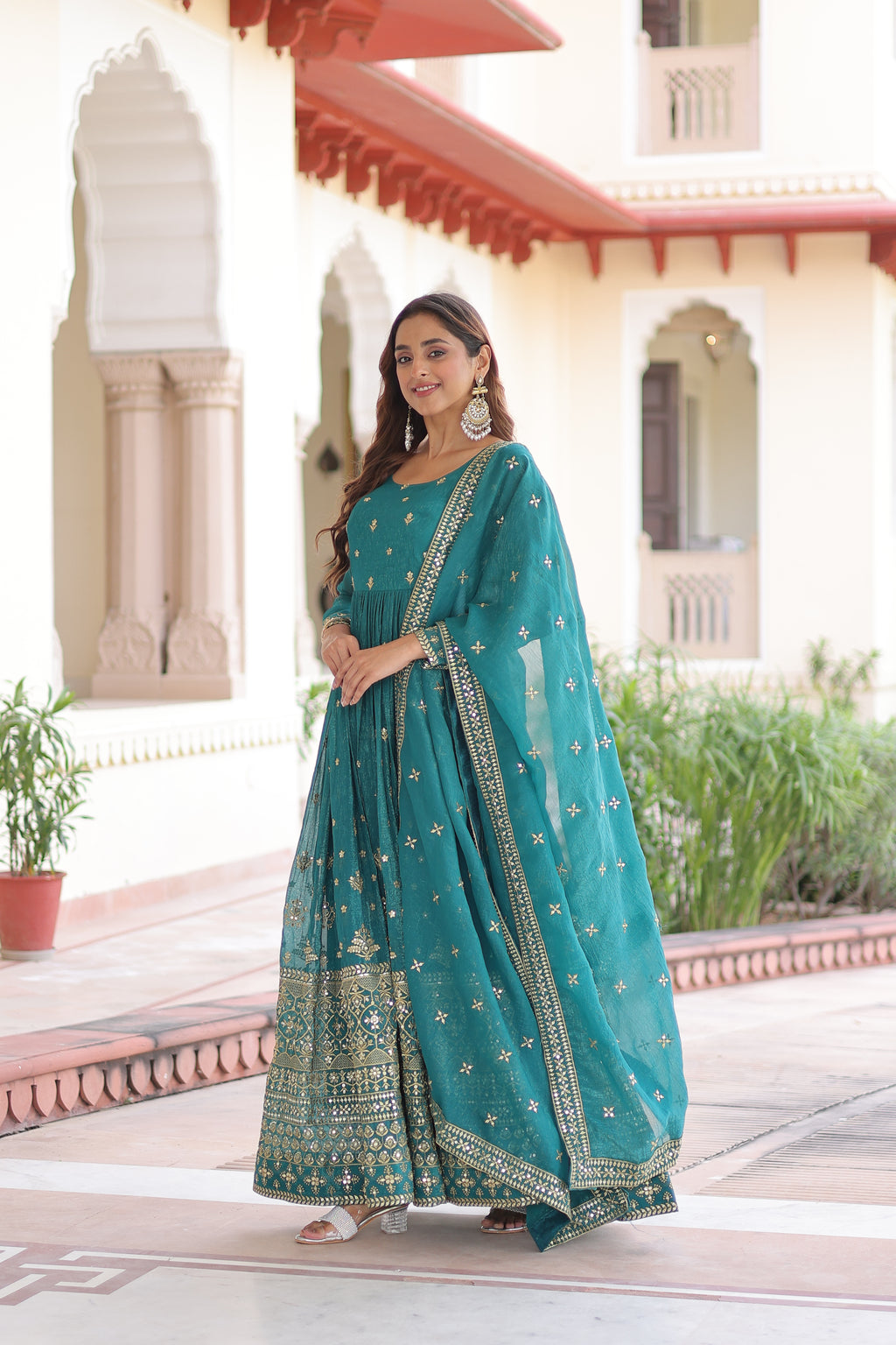 Nasu Teal Color Silver Crunchy Rich Sequins Embroidered Work Gown with Dupatta