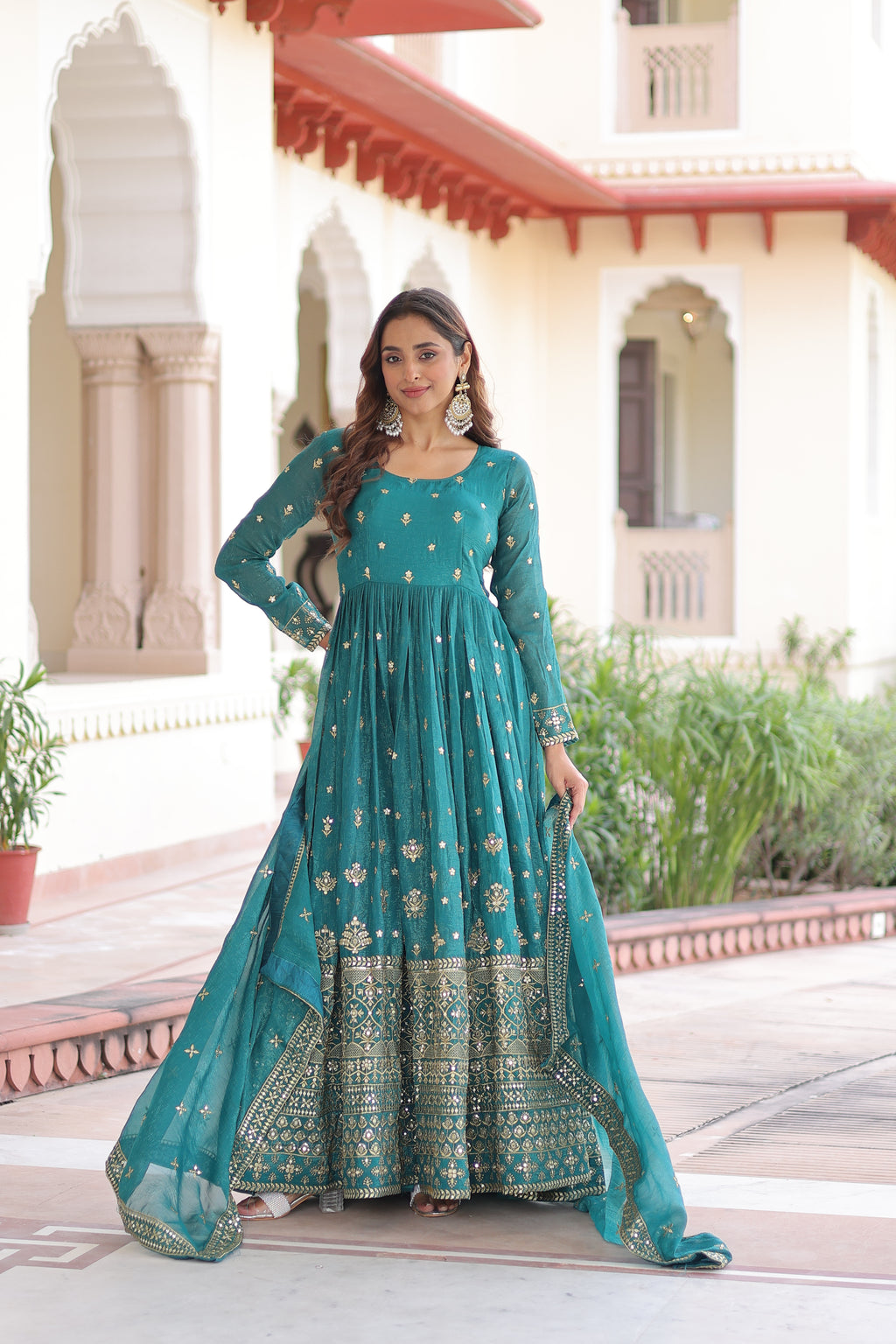 Nasu Teal Color Silver Crunchy Rich Sequins Embroidered Work Gown with Dupatta