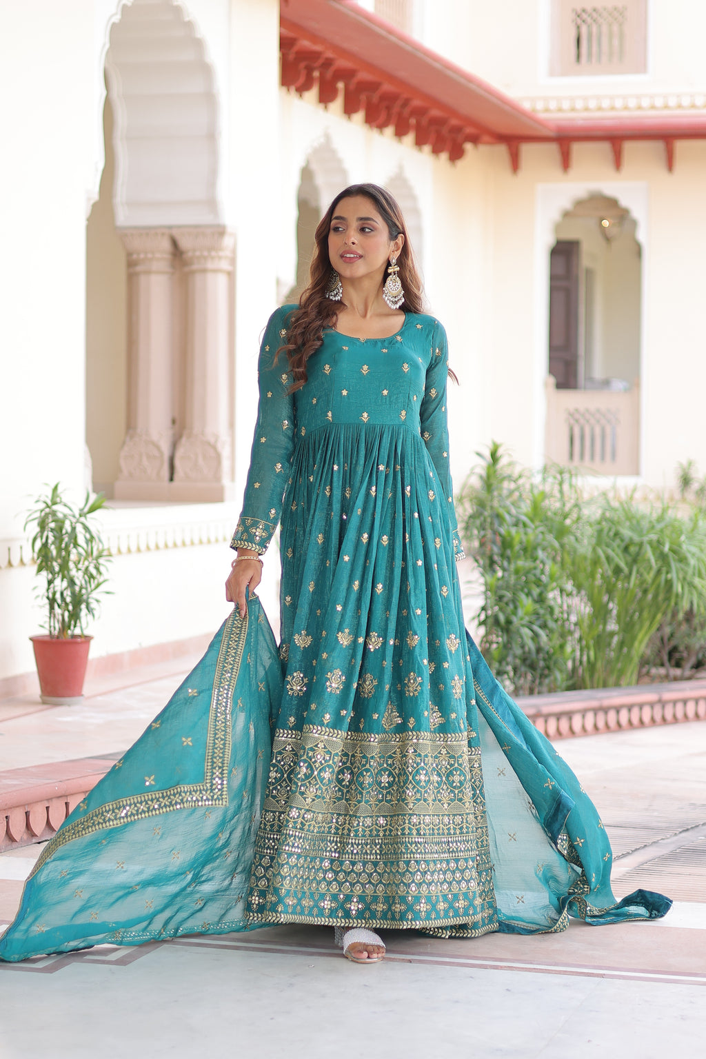 Nasu Teal Color Silver Crunchy Rich Sequins Embroidered Work Gown with Dupatta