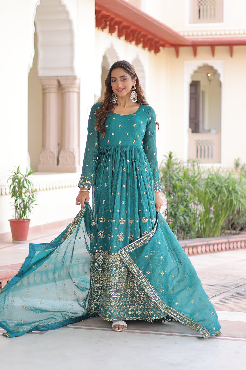 Nasu Teal Color Silver Crunchy Rich Sequins Embroidered Work Gown with Dupatta