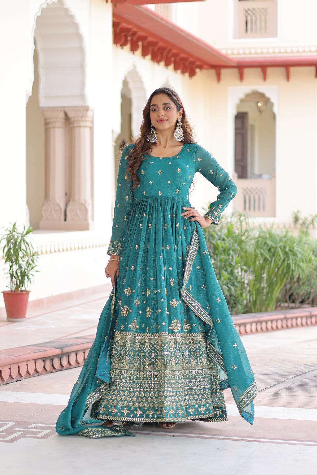 Nasu Teal Color Silver Crunchy Rich Sequins Embroidered Work Gown with Dupatta