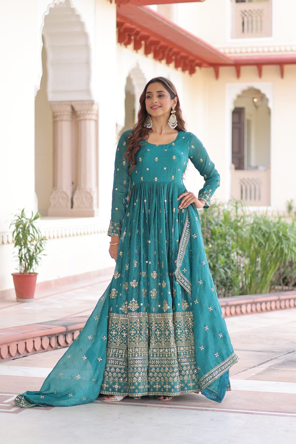 Nasu Teal Color Silver Crunchy Rich Sequins Embroidered Work Gown with Dupatta