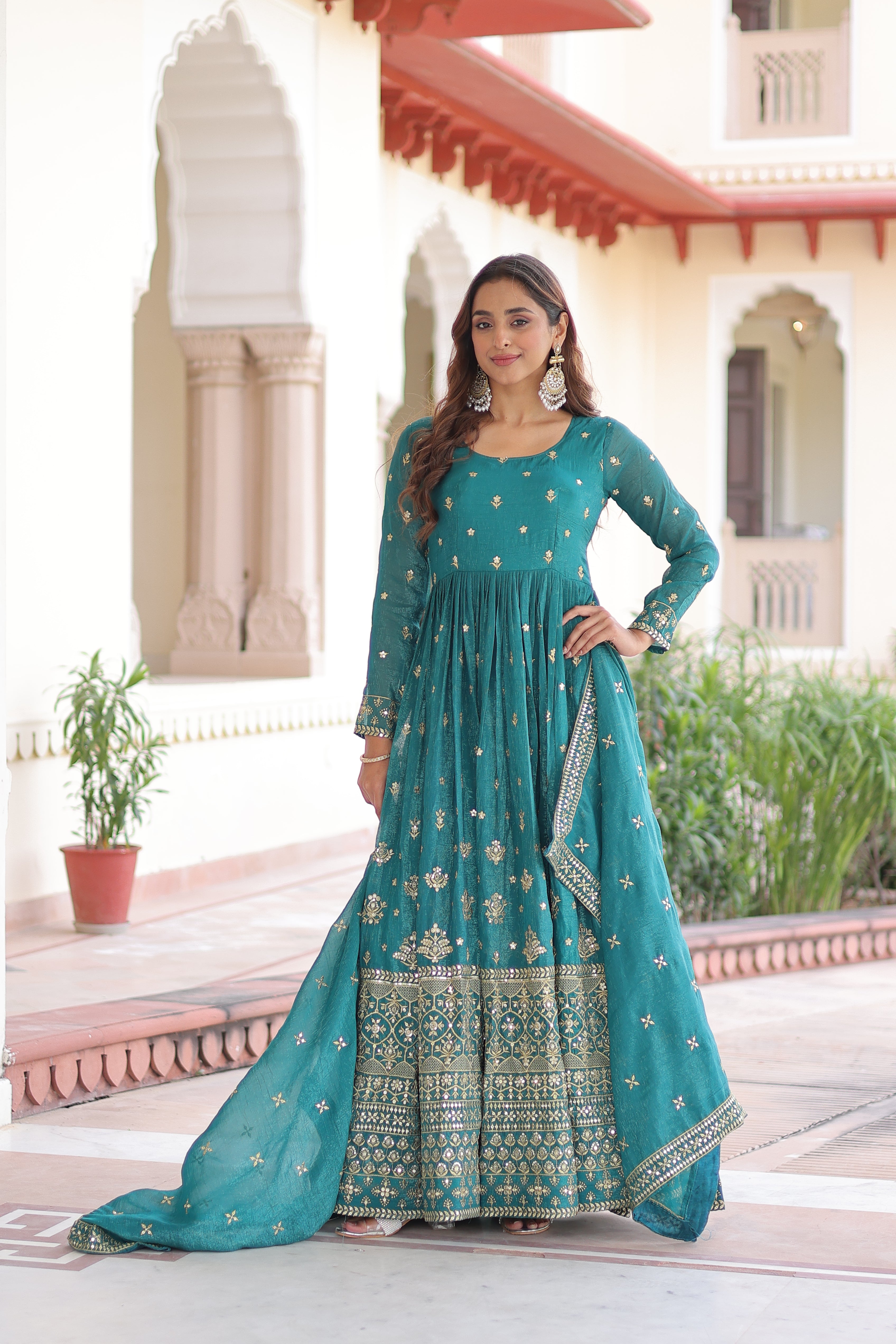 Nasu Teal Color Silver Crunchy Rich Sequins Embroidered Work Gown with Dupatta