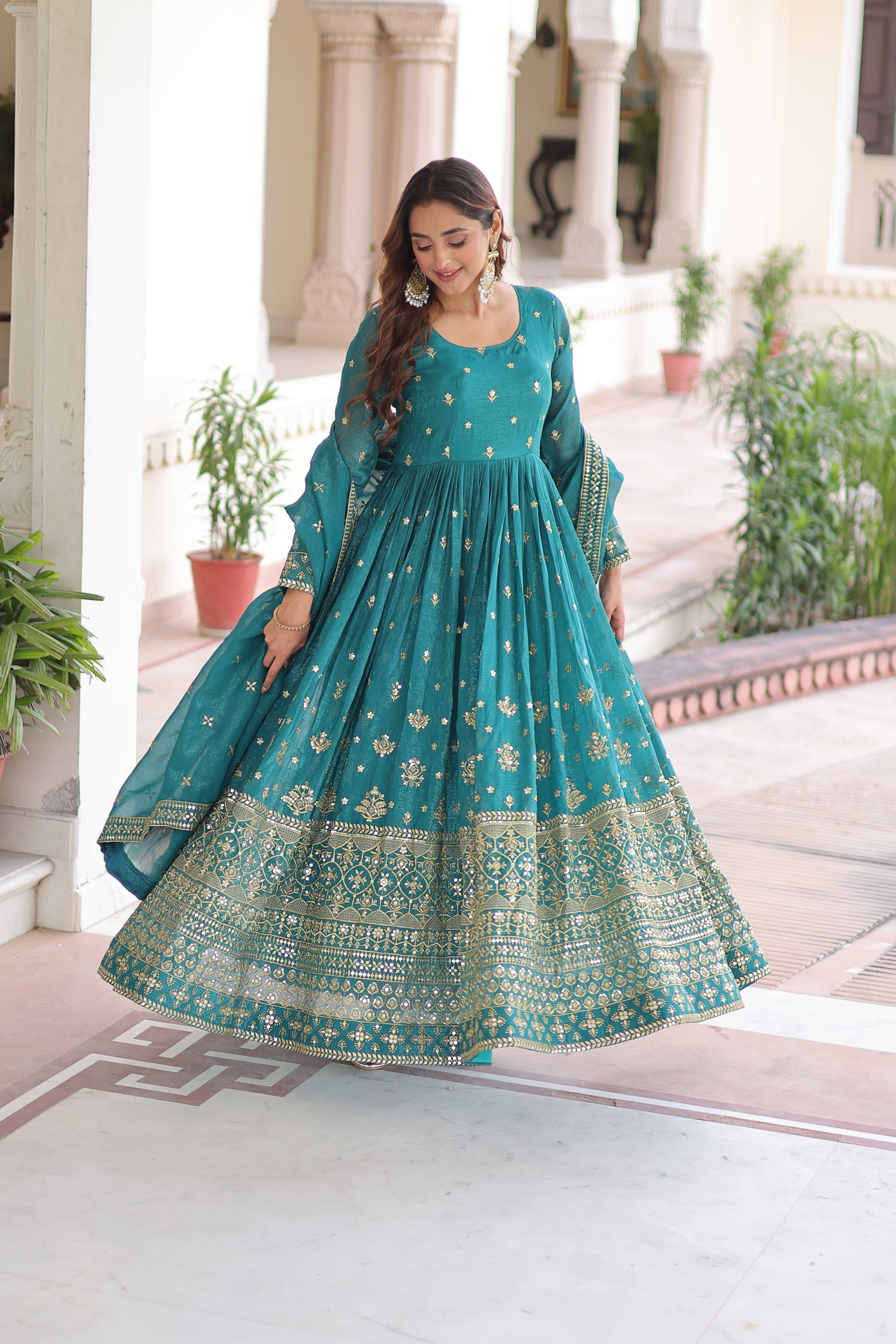 Nasu Teal Color Silver Crunchy Rich Sequins Embroidered Work Gown with Dupatta