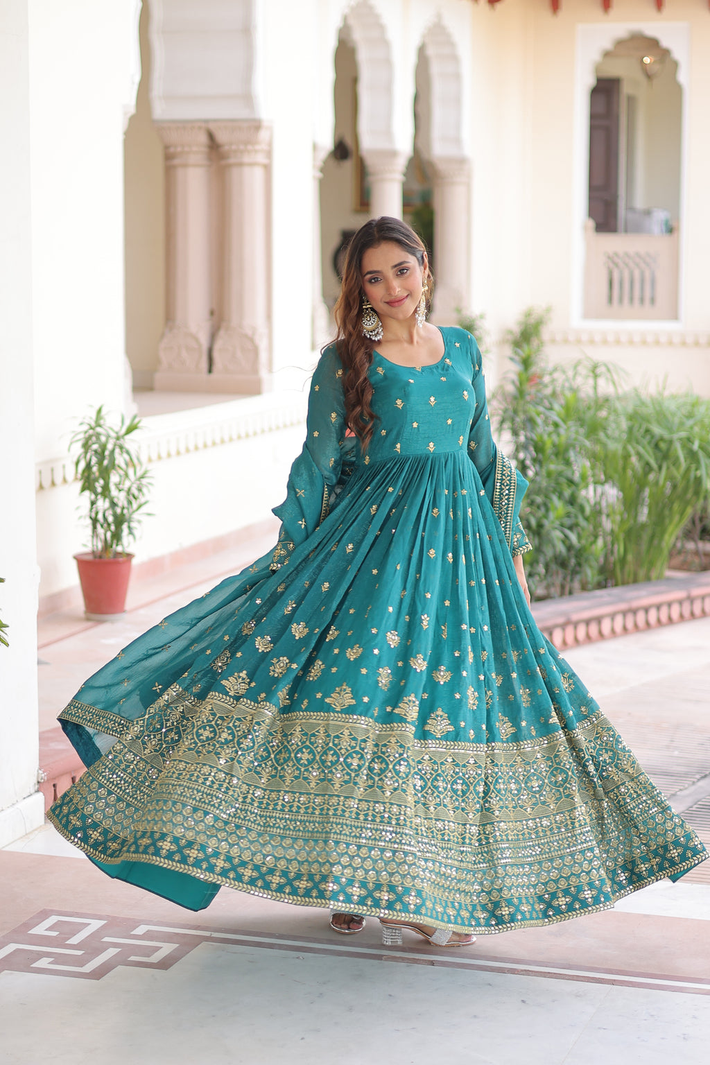 Nasu Teal Color Silver Crunchy Rich Sequins Embroidered Work Gown with Dupatta