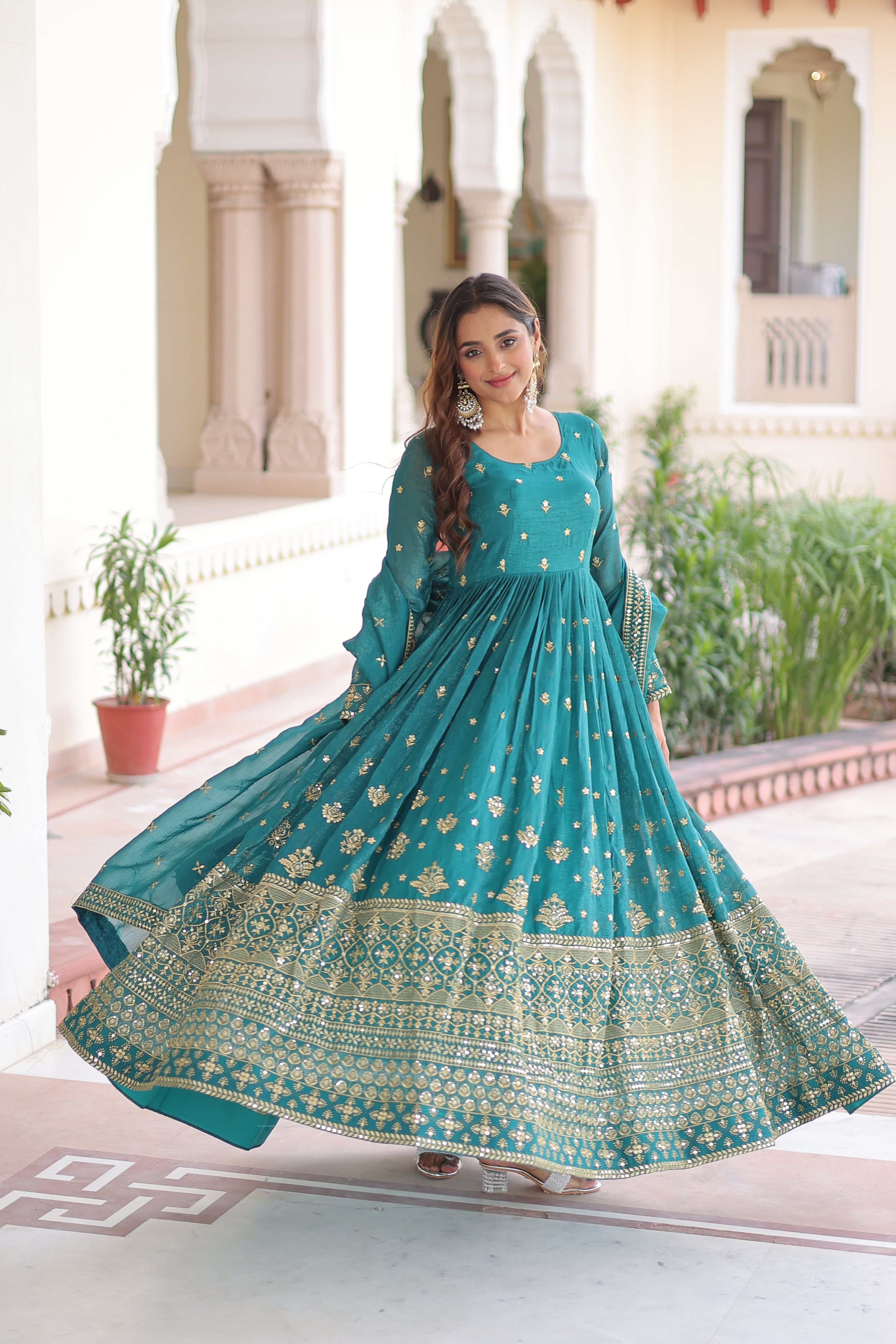 Nasu Teal Color Silver Crunchy Rich Sequins Embroidered Work Gown with Dupatta