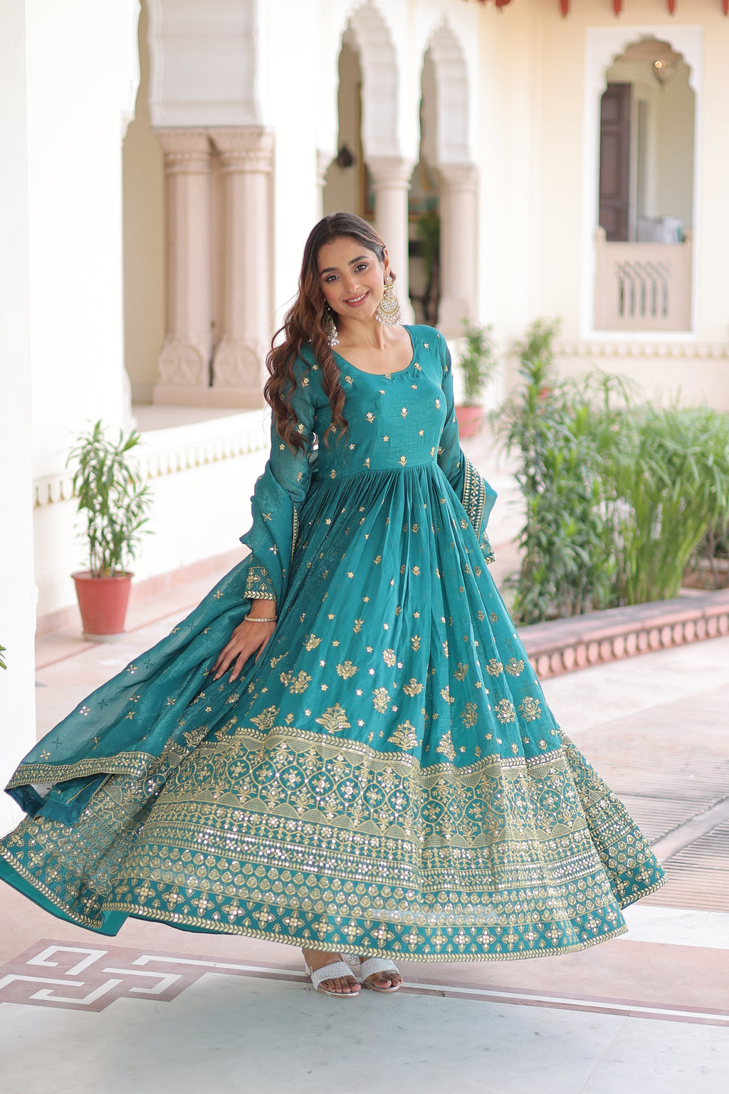 Prazu Fashion Teal Silver Crunchy With Rich Sequins Embroidered Gown With Dupatta - XXL(44'') Prazu Fashion Teal Silver Crunchy With Rich Sequins Embroidered Gown With Dupatta - XXL(44'')