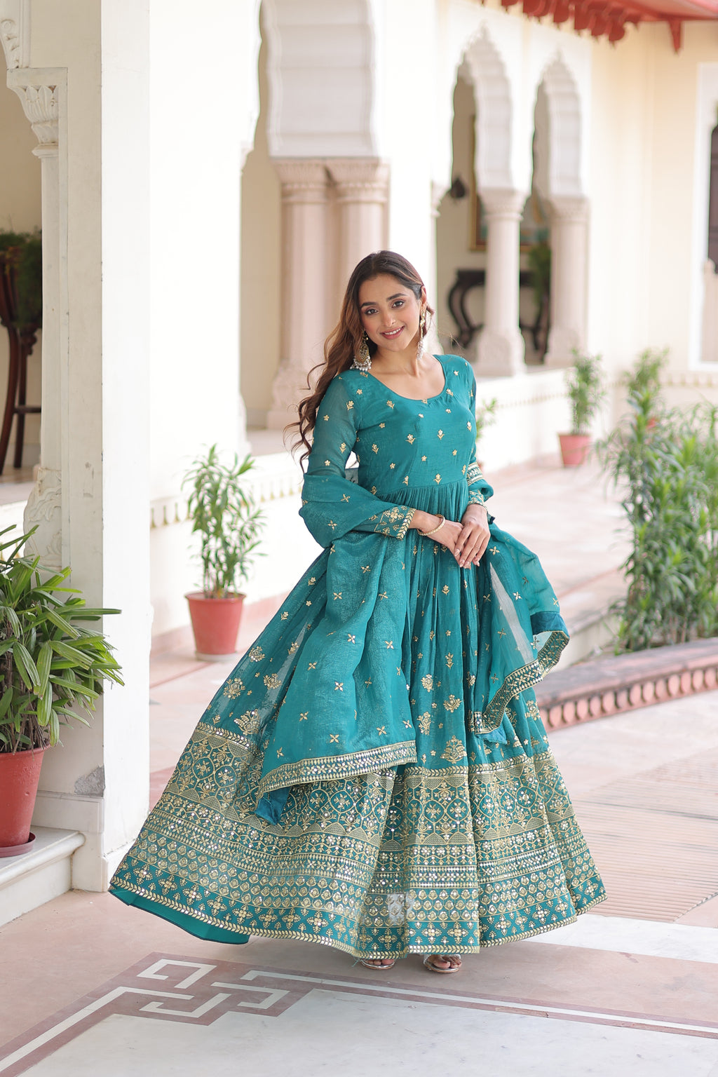 Nasu Teal Color Silver Crunchy Rich Sequins Embroidered Work Gown with Dupatta