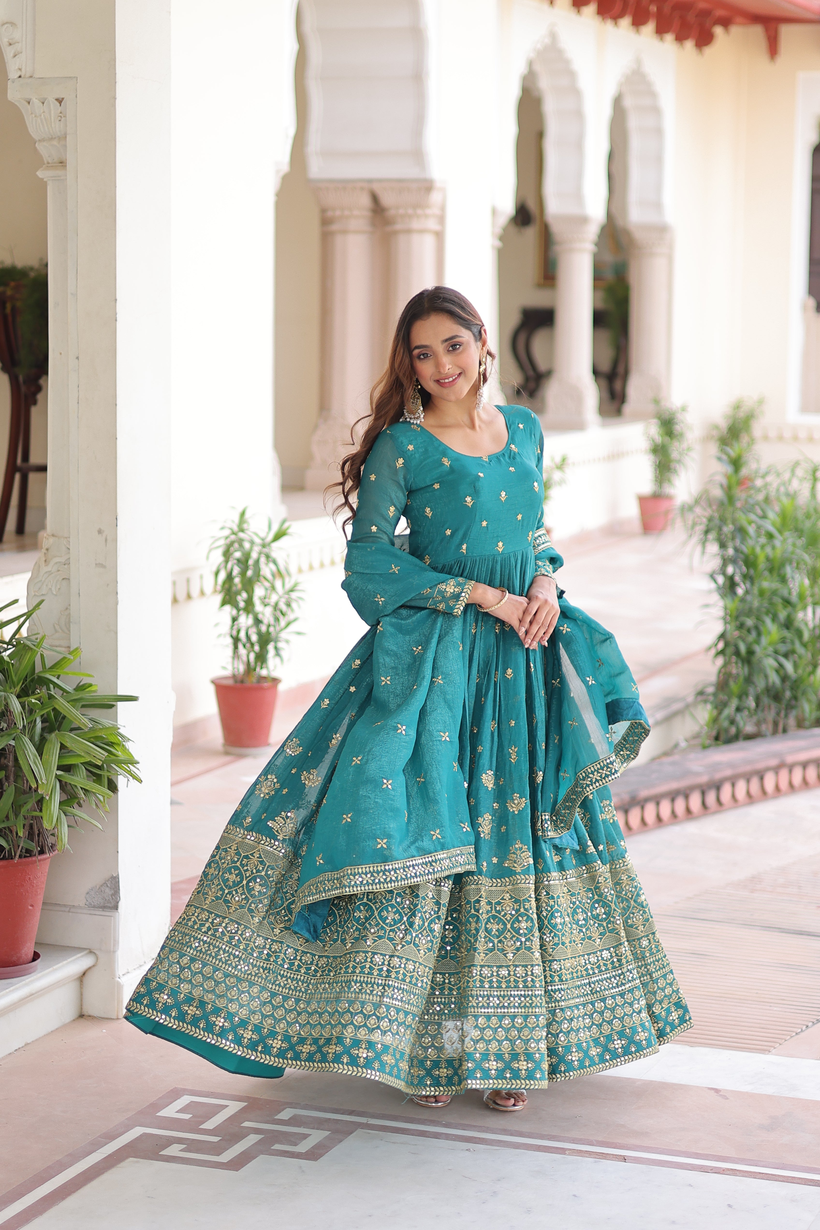 Nasu Teal Color Silver Crunchy Rich Sequins Embroidered Work Gown with Dupatta