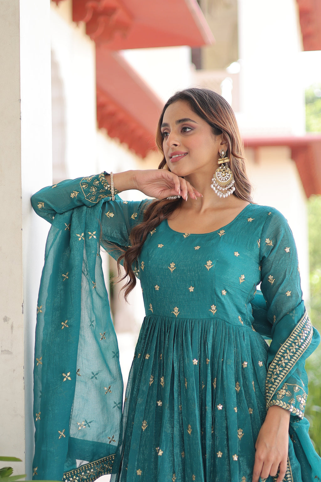 Nasu Teal Color Silver Crunchy Rich Sequins Embroidered Work Gown with Dupatta