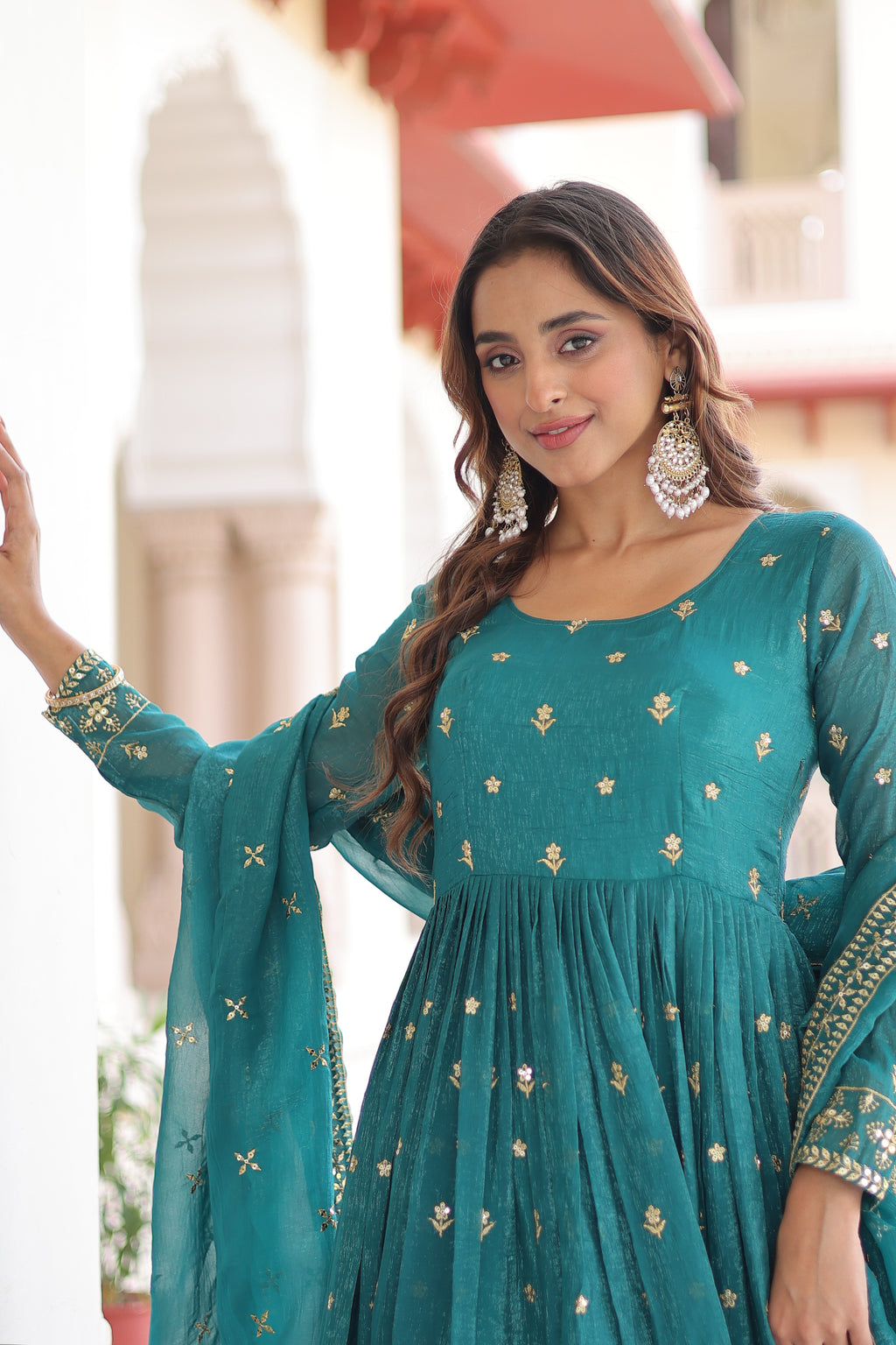 Nasu Teal Color Silver Crunchy Rich Sequins Embroidered Work Gown with Dupatta