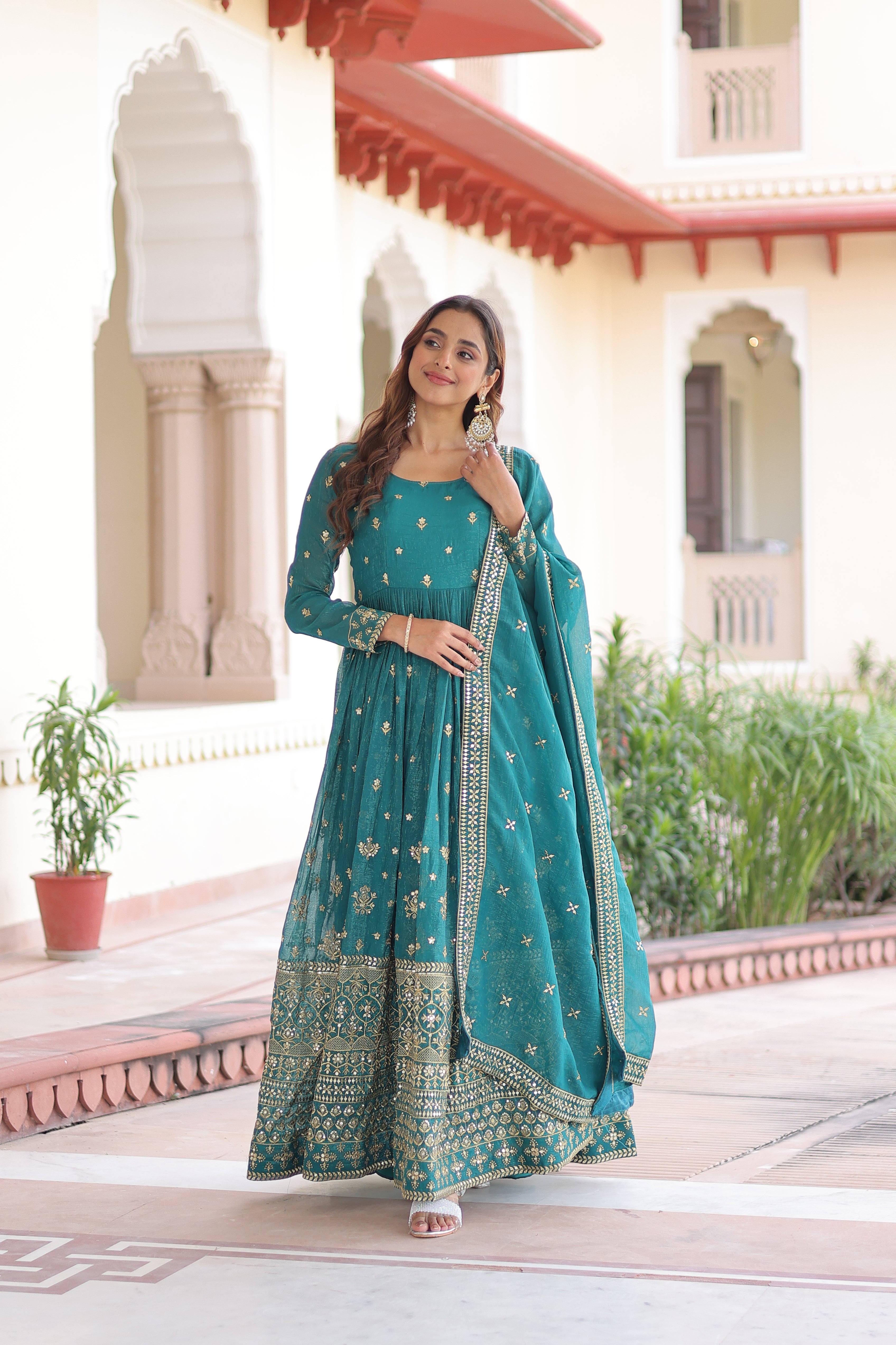 Nasu Teal Color Silver Crunchy Rich Sequins Embroidered Work Gown with Dupatta