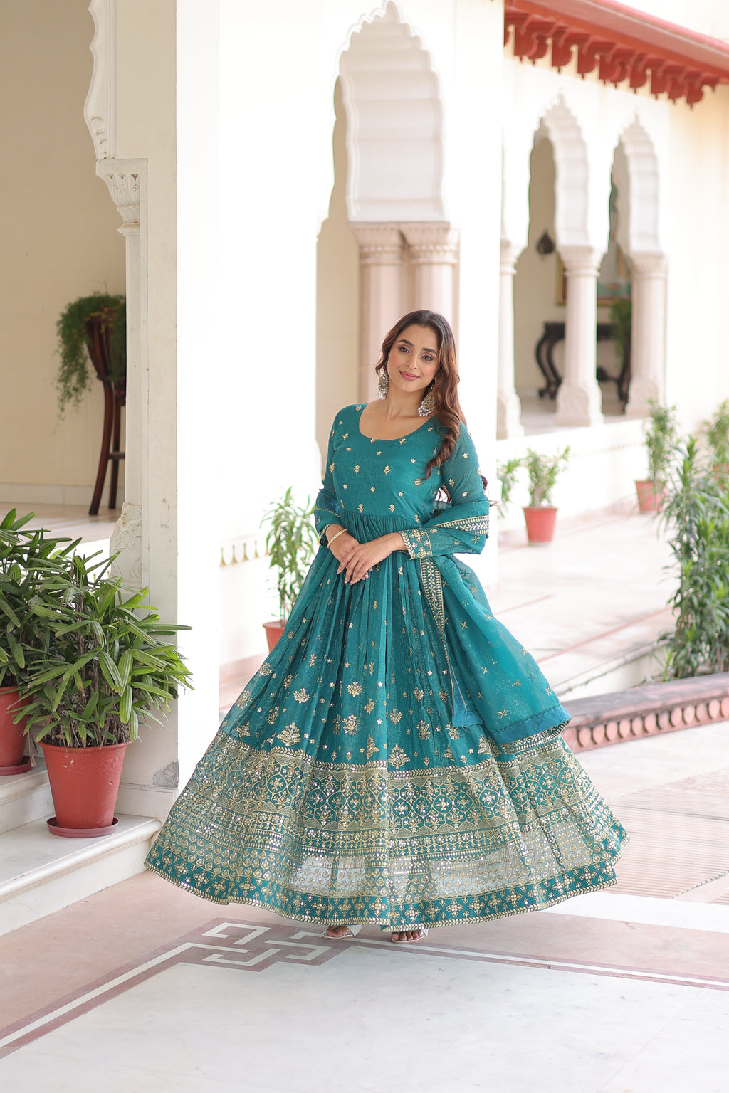 Nasu Teal Color Silver Crunchy Rich Sequins Embroidered Work Gown with Dupatta
