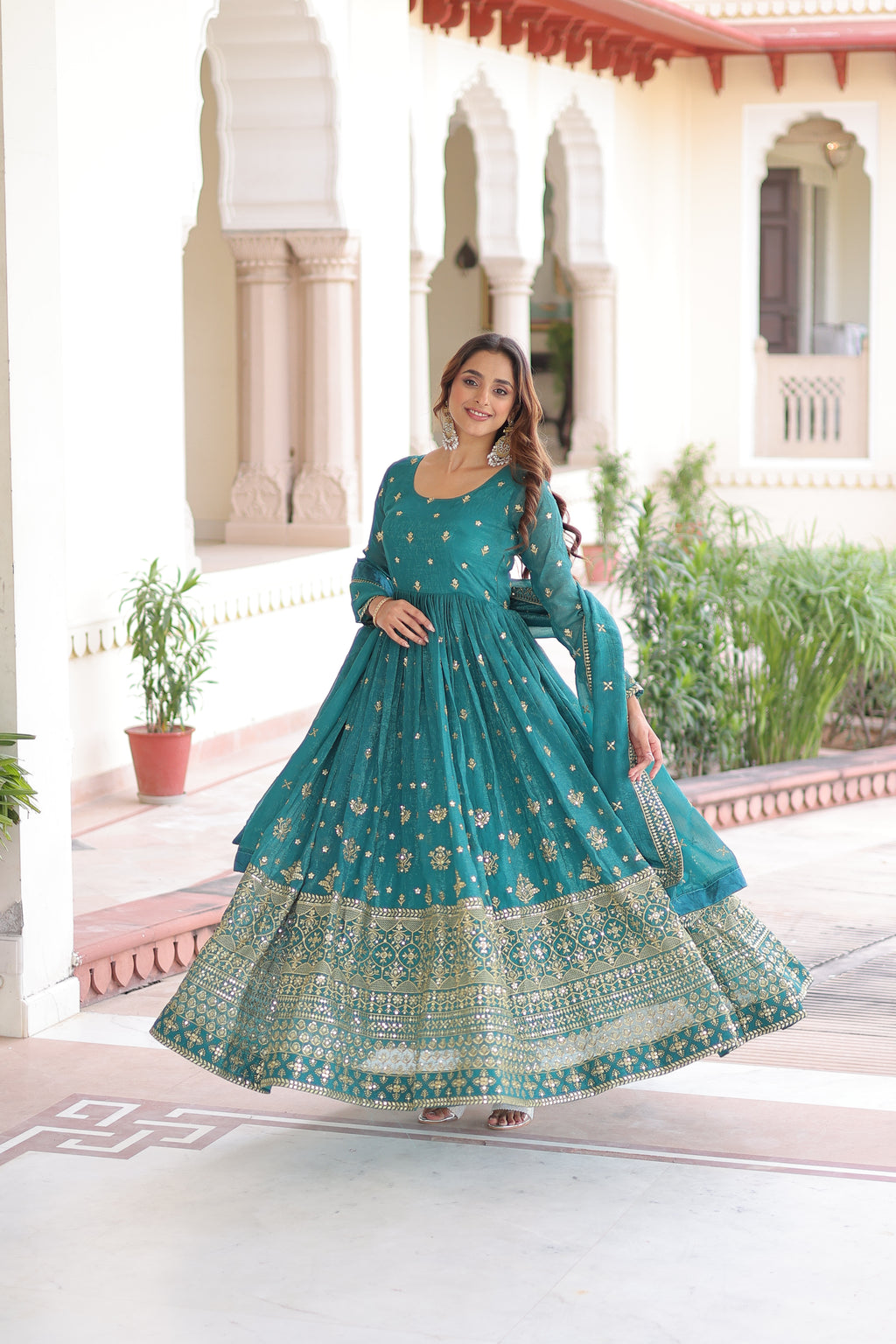 Nasu Teal Color Silver Crunchy Rich Sequins Embroidered Work Gown with Dupatta