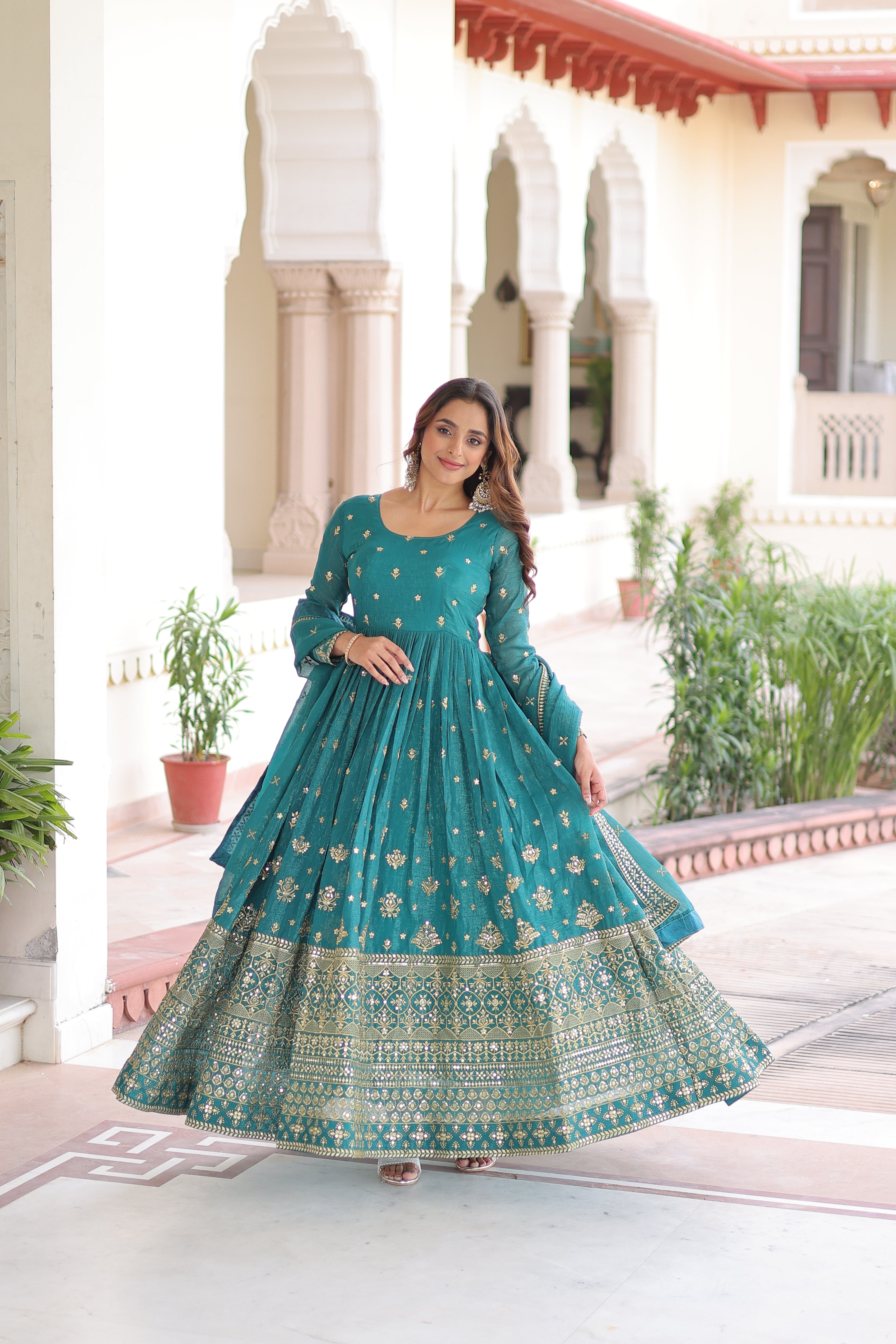 Nasu Teal Color Silver Crunchy Rich Sequins Embroidered Work Gown with Dupatta