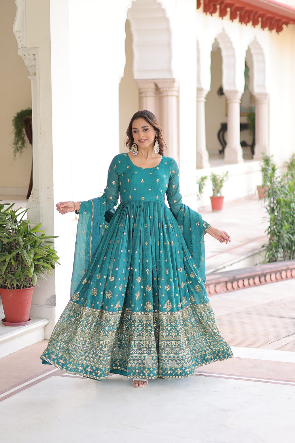 Nasu Teal Color Silver Crunchy Rich Sequins Embroidered Work Gown with Dupatta