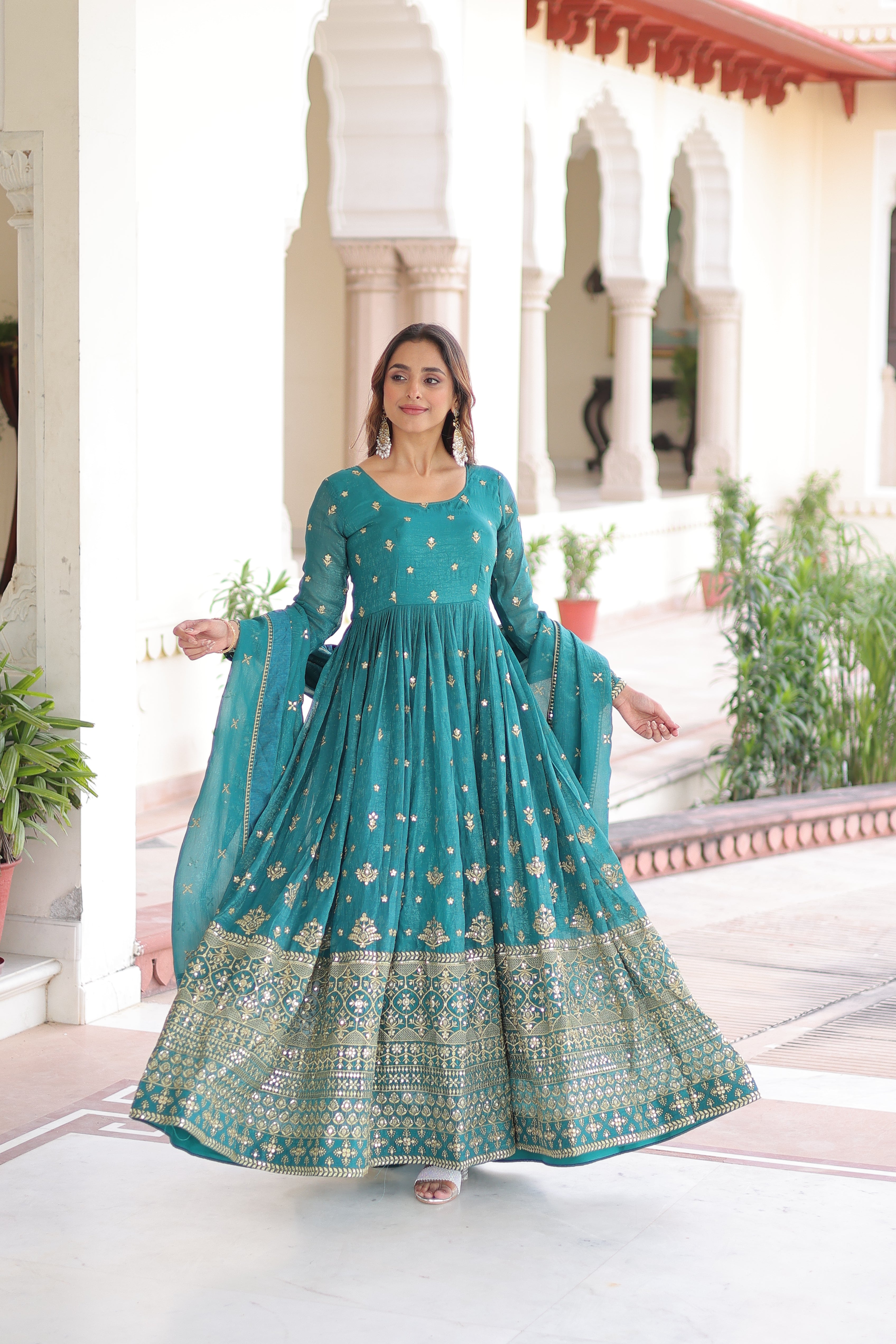 Nasu Teal Color Silver Crunchy Rich Sequins Embroidered Work Gown with Dupatta