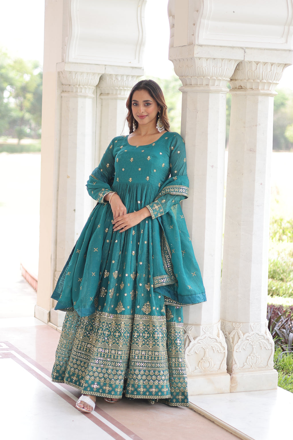 Nasu Teal Color Silver Crunchy Rich Sequins Embroidered Work Gown with Dupatta