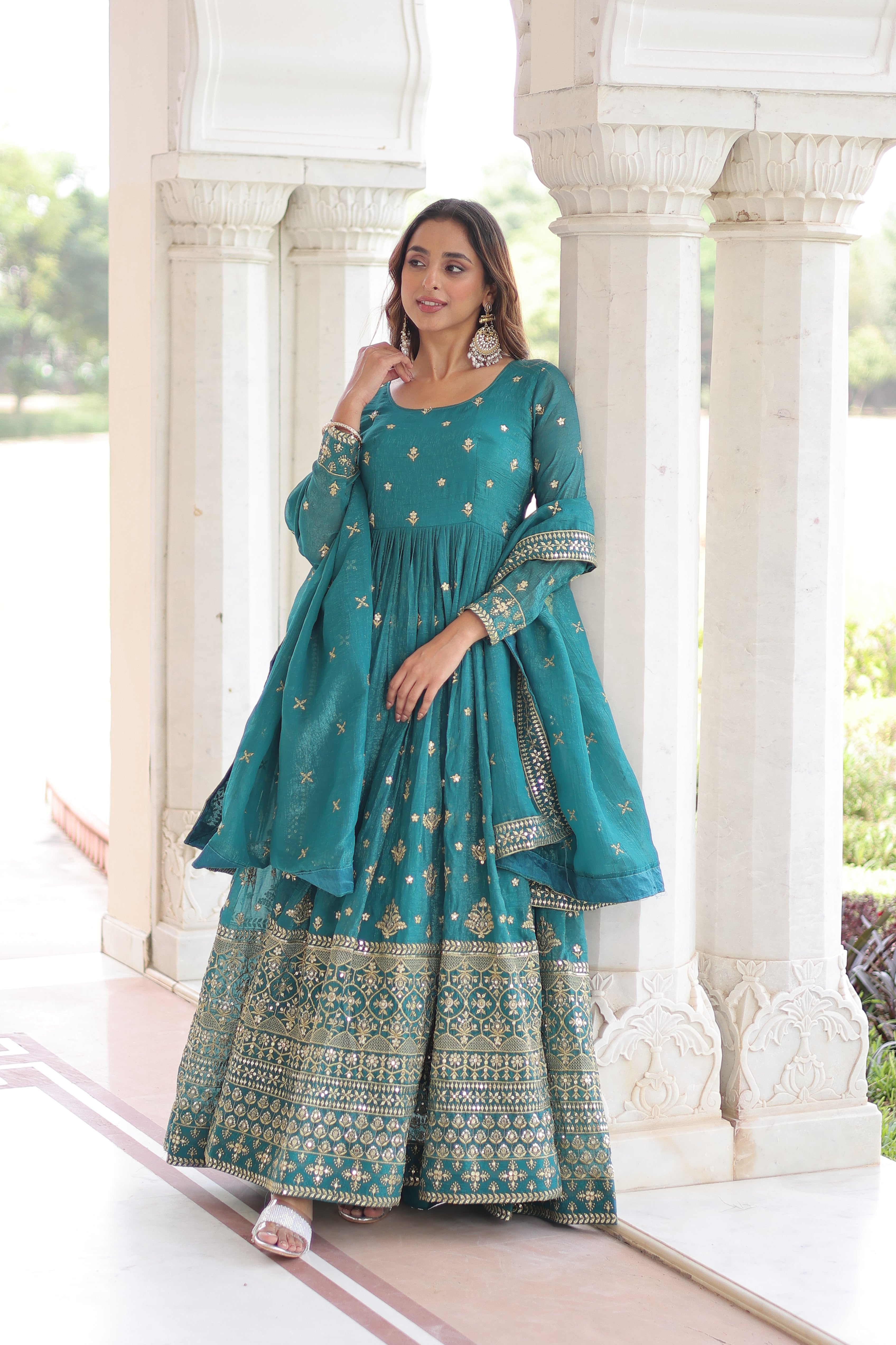 Nasu Teal Color Silver Crunchy Rich Sequins Embroidered Work Gown with Dupatta