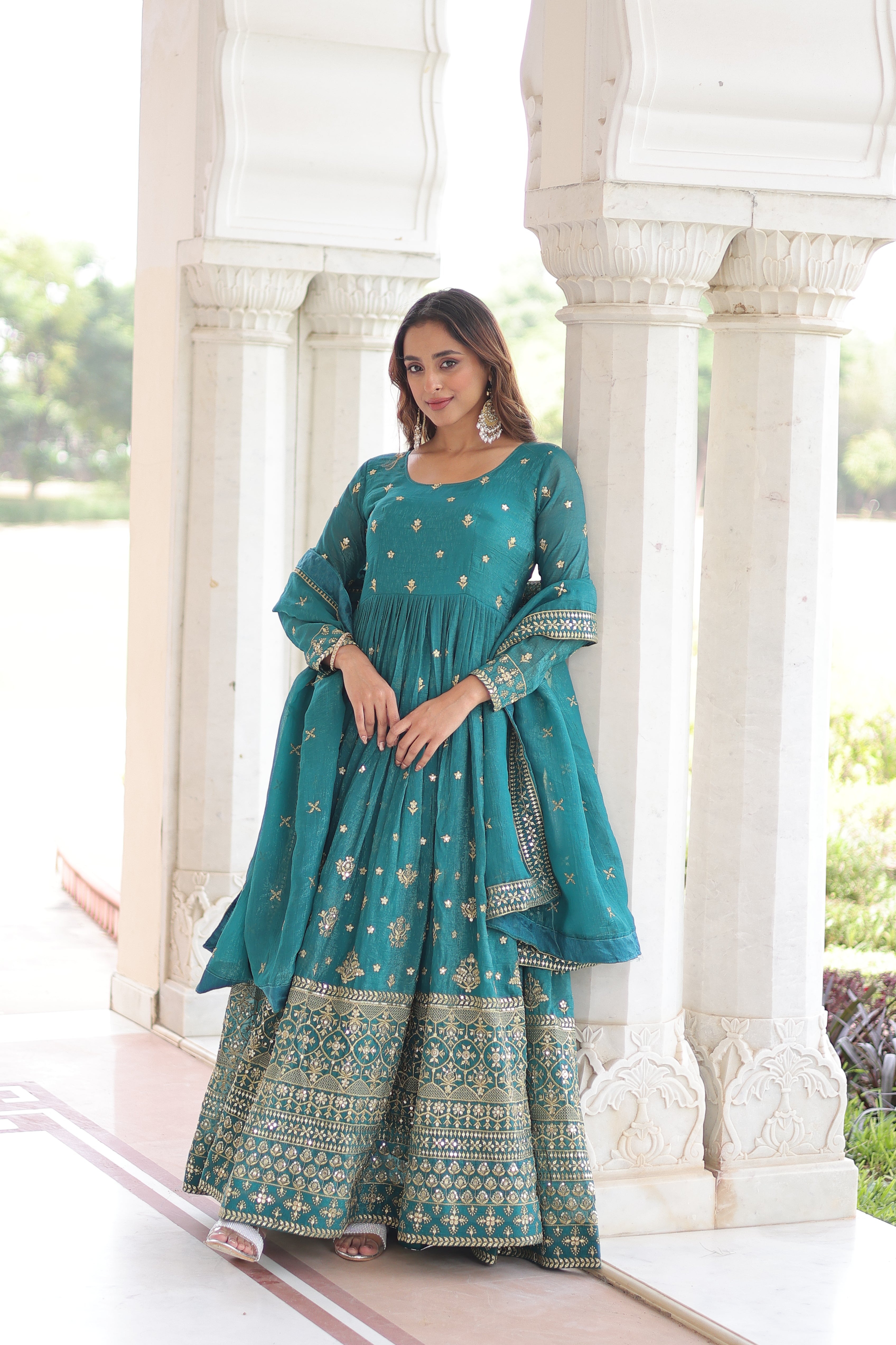 Nasu Teal Color Silver Crunchy Rich Sequins Embroidered Work Gown with Dupatta