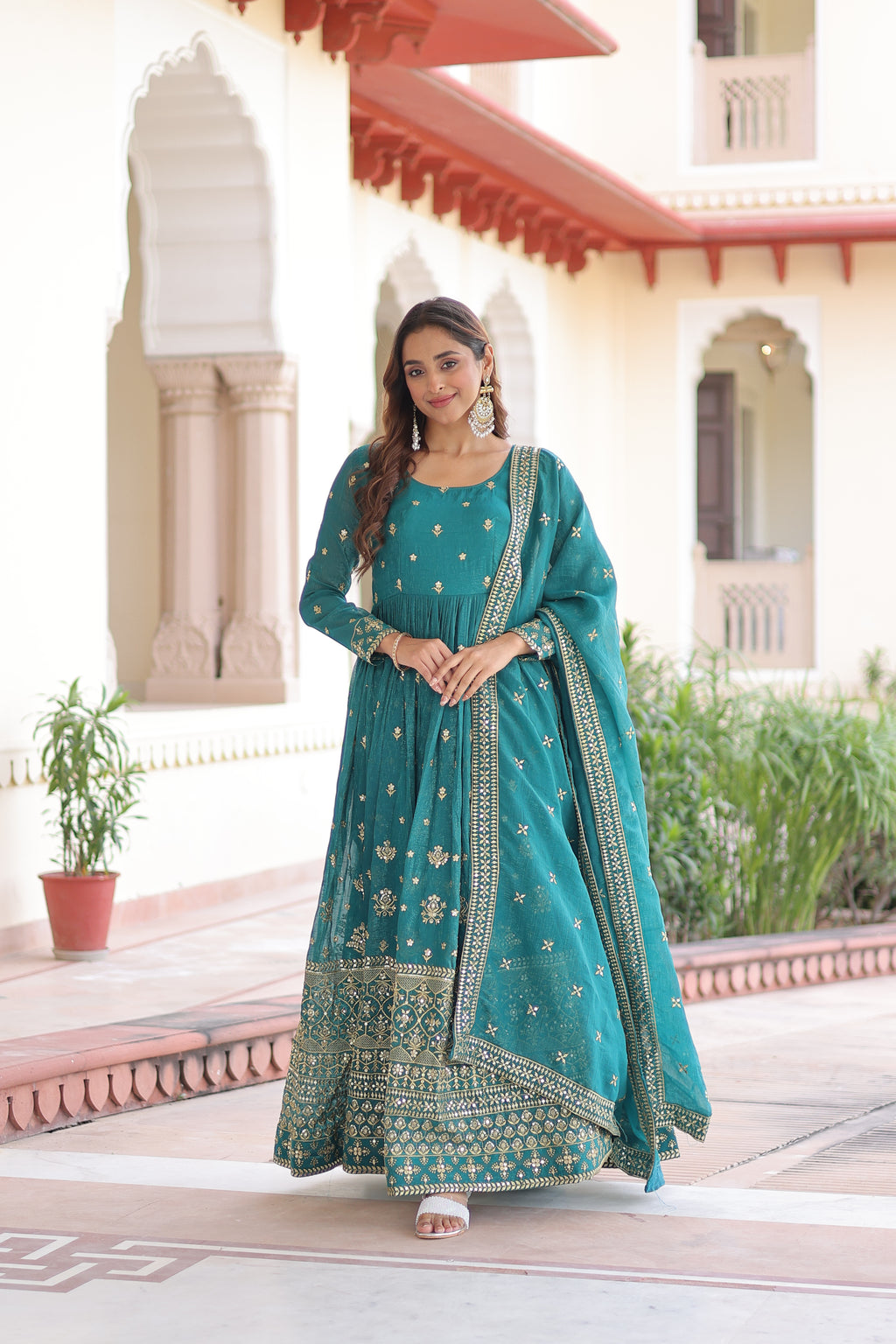 Nasu Teal Color Silver Crunchy Rich Sequins Embroidered Work Gown with Dupatta