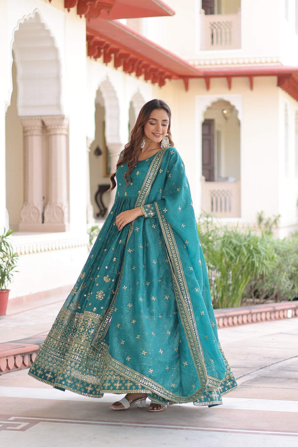 Nasu Teal Color Silver Crunchy Rich Sequins Embroidered Work Gown with Dupatta