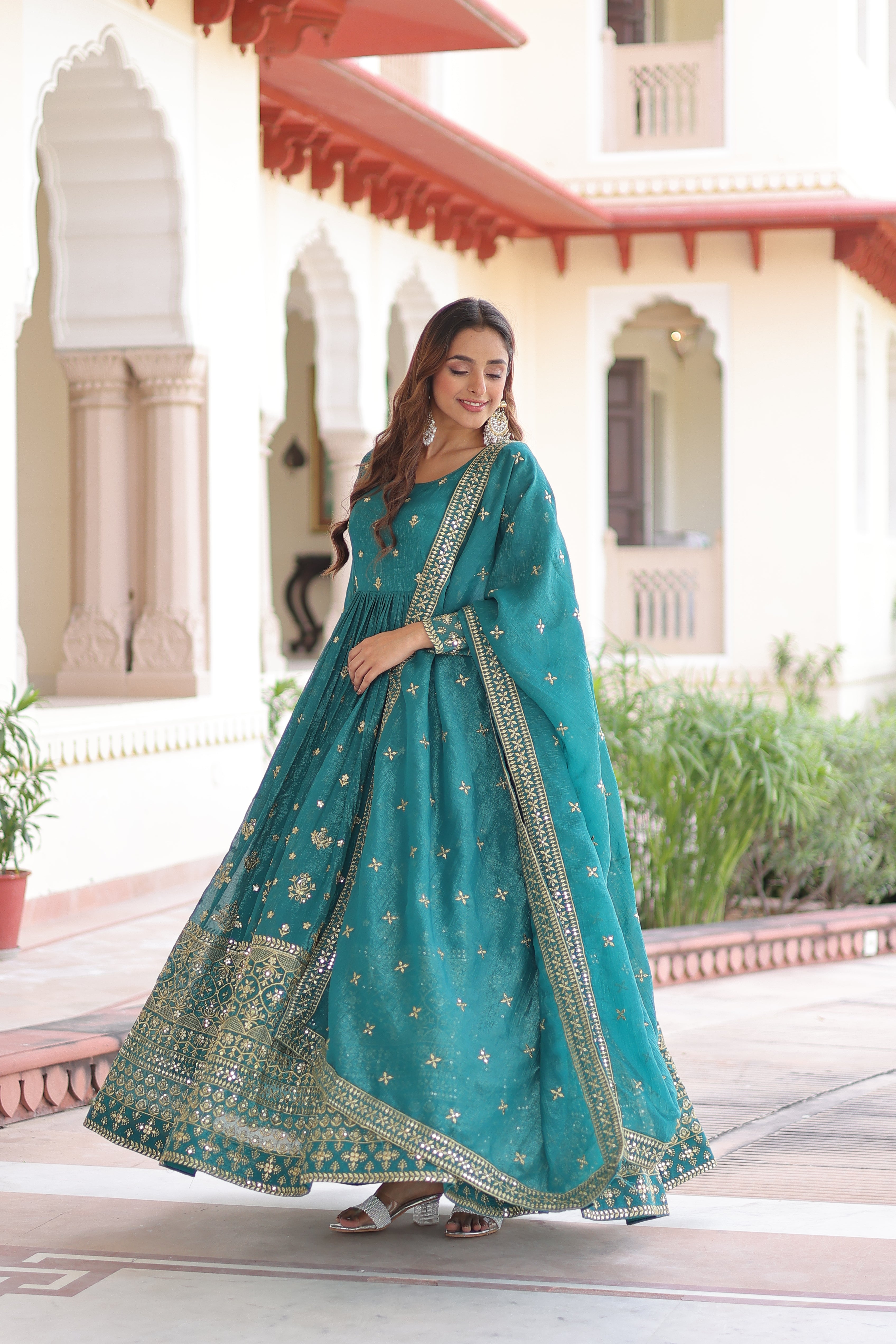 Nasu Teal Color Silver Crunchy Rich Sequins Embroidered Work Gown with Dupatta